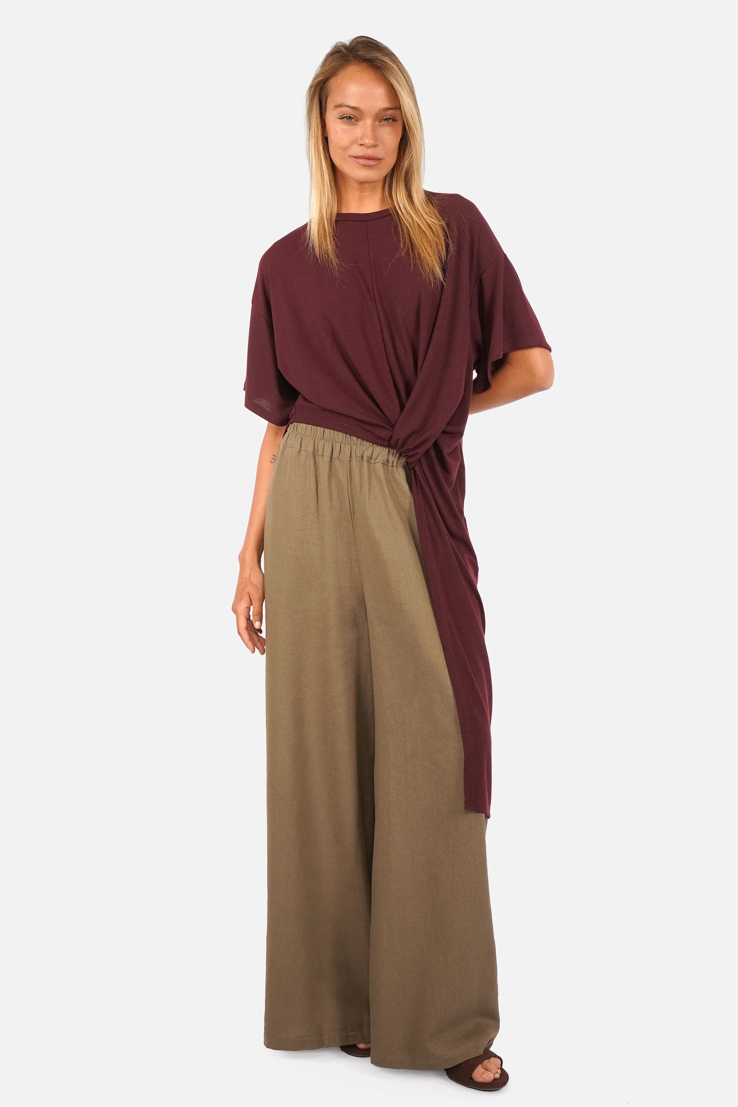 ERLY Longline T-Shirt soft viscose jersey round neck dropped shoulders draped front detail regular fit model wearing XS
