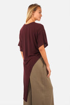 ERLY Longline T-Shirt soft viscose jersey round neck dropped shoulders front drape detail regular fit model wearing XS