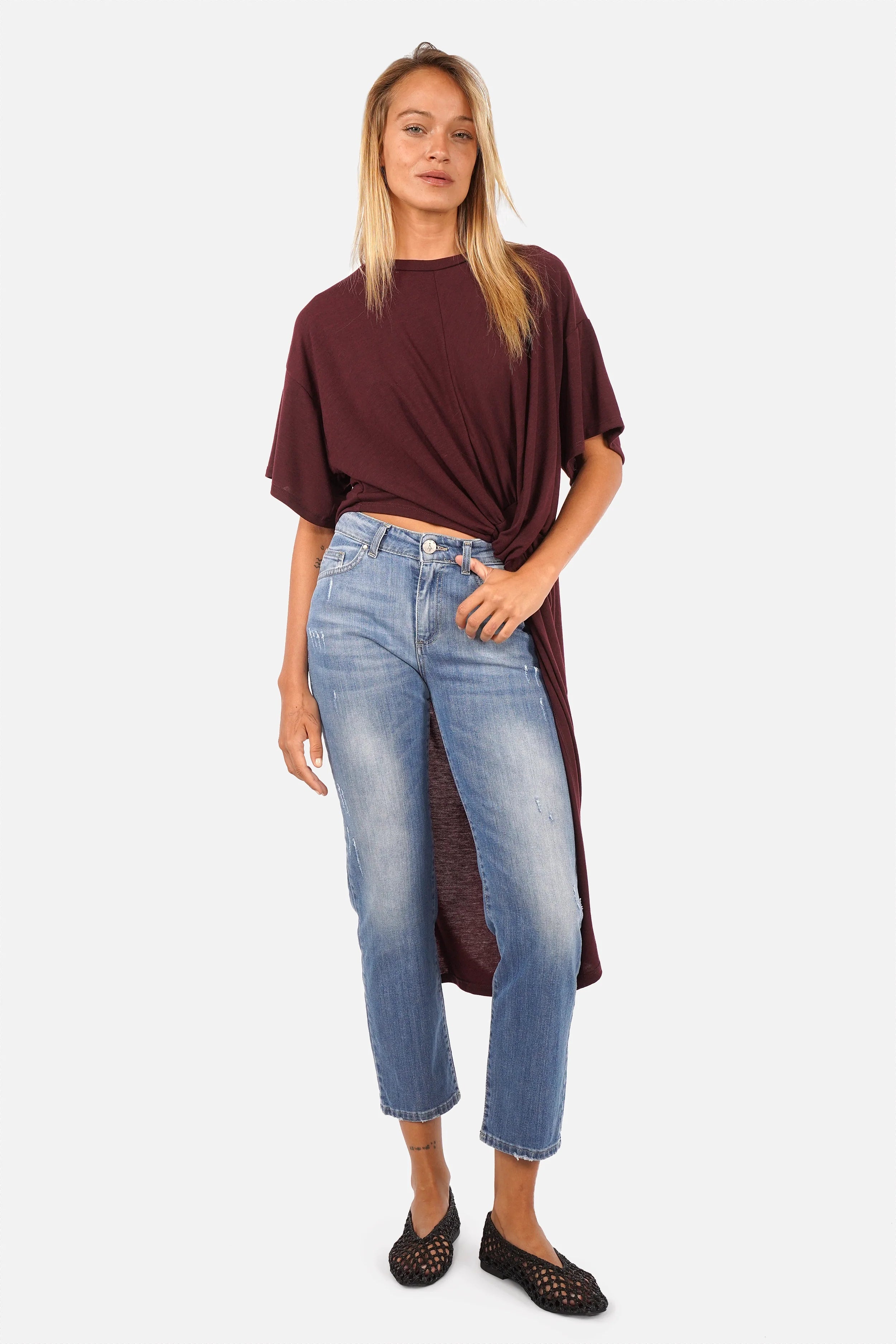 White ERLY Longline T-Shirt with round neckline and draped front detail on soft viscose jersey fabric