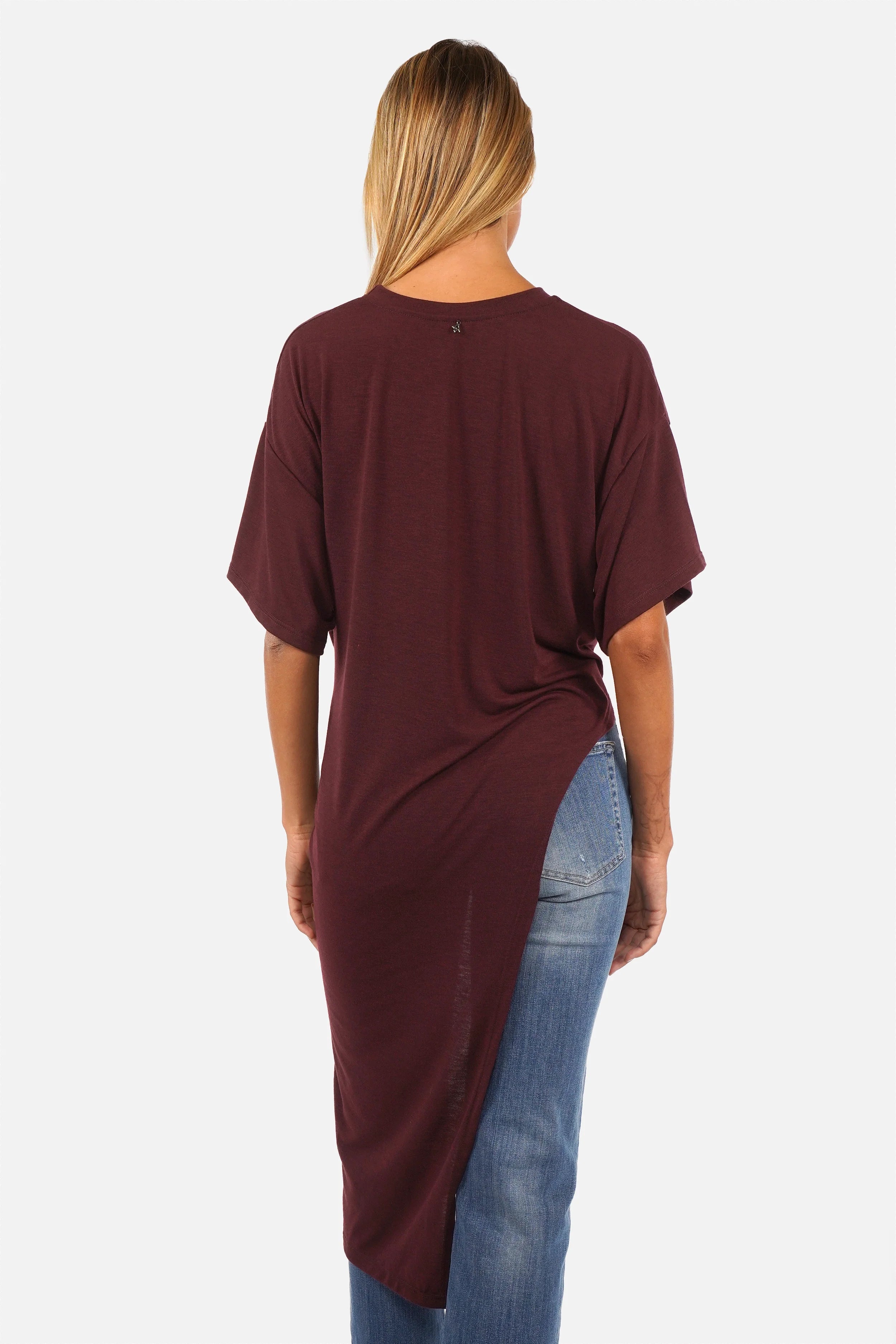 ERLY Longline T-Shirt in soft viscose jersey with round neck, dropped shoulders, front draped detail, and regular fit.