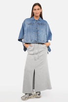 FIBI Denim Cape with classic collar and button front in soft Italian stretch denim