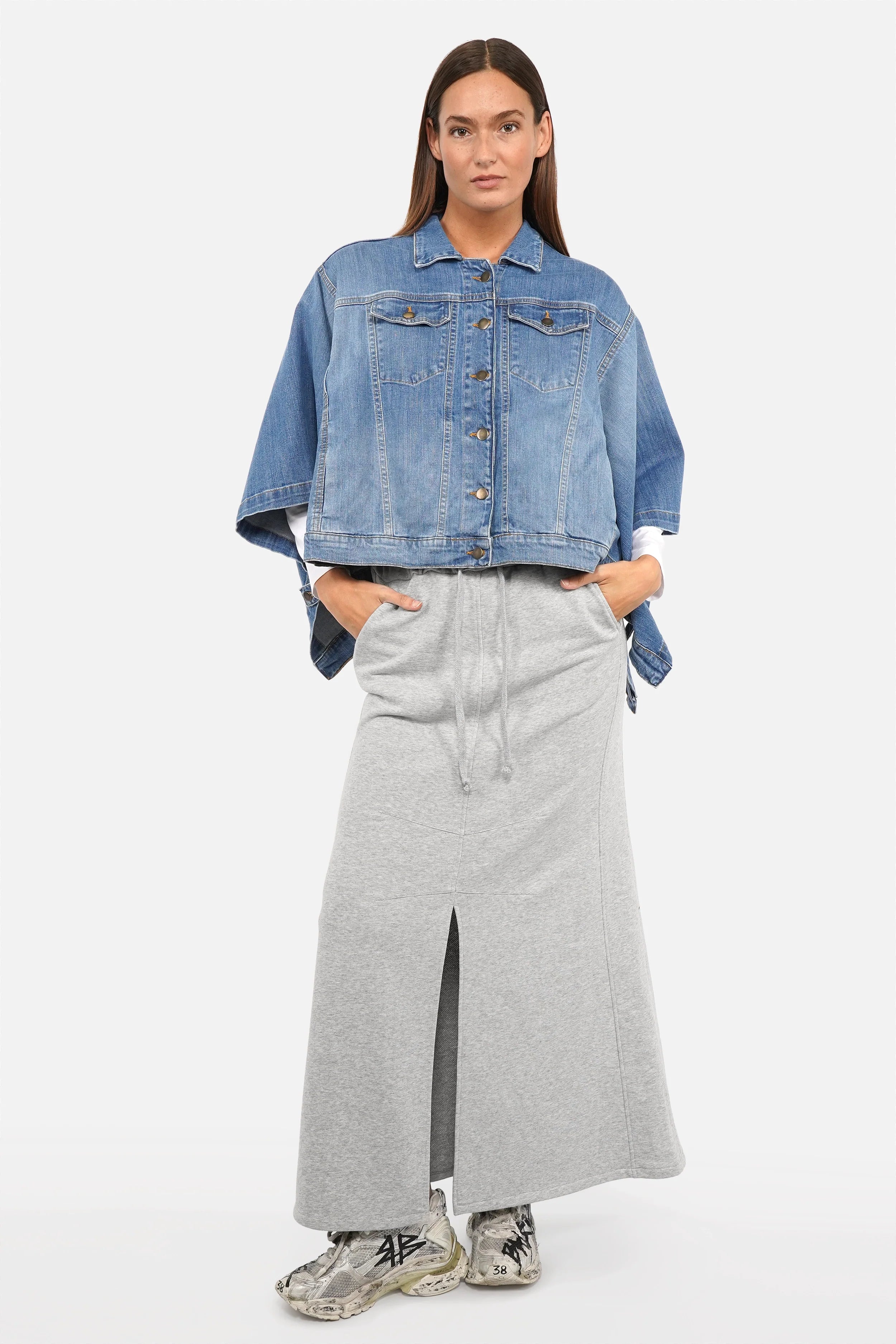 FIBI Denim Cape with classic collar and button front in soft Italian stretch denim