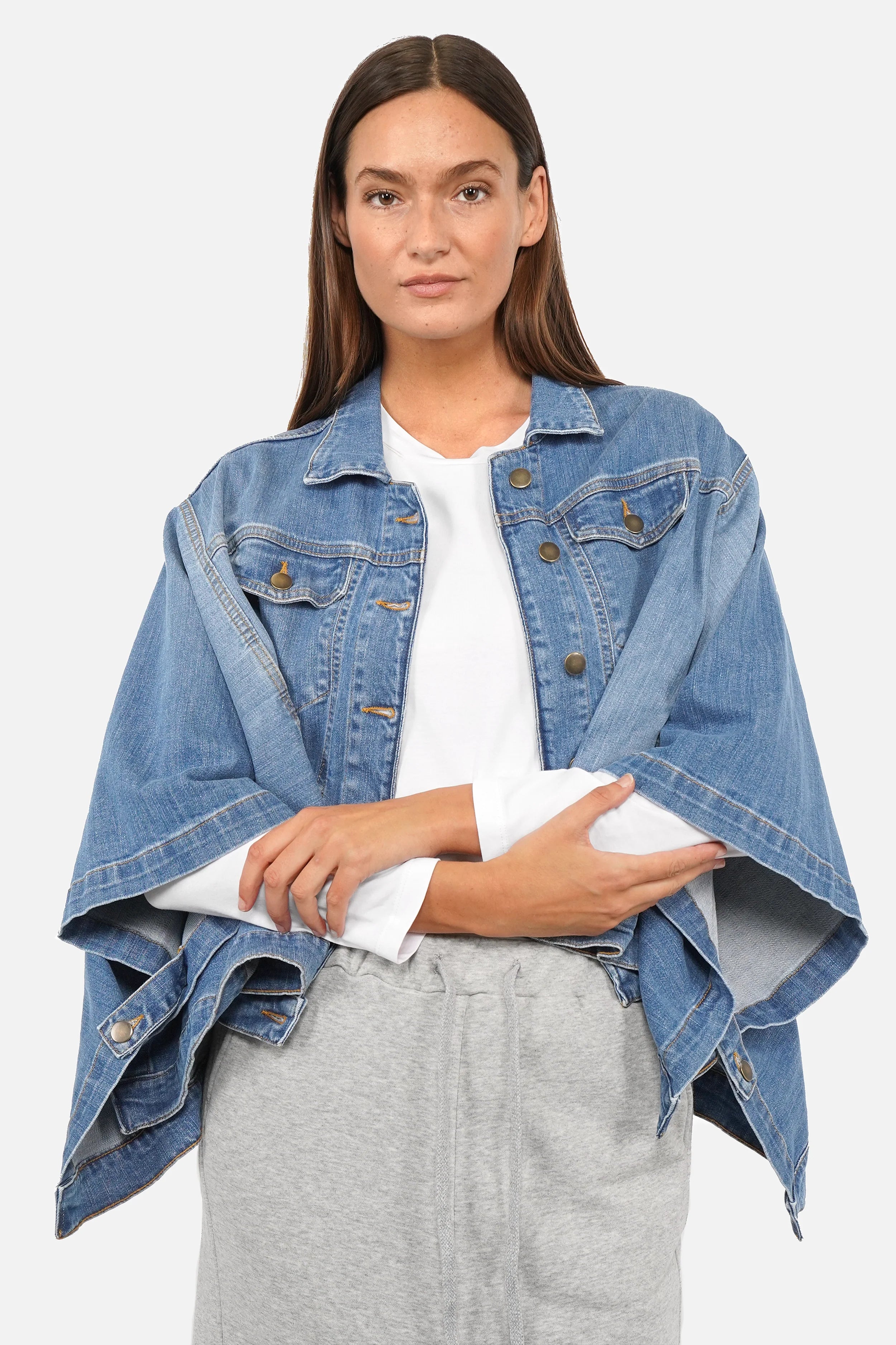 FIBI Denim Cape soft stretchy Italian denim with classic collar and button front