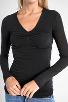 FLURRI Longsleeve black slim fit cashmere blend with V-neck twist detail and front draping