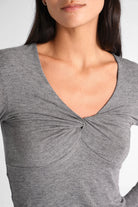 FLURRI Longsleeve grey slim fit top with V-neck twist detail and soft cashmere blend fabric