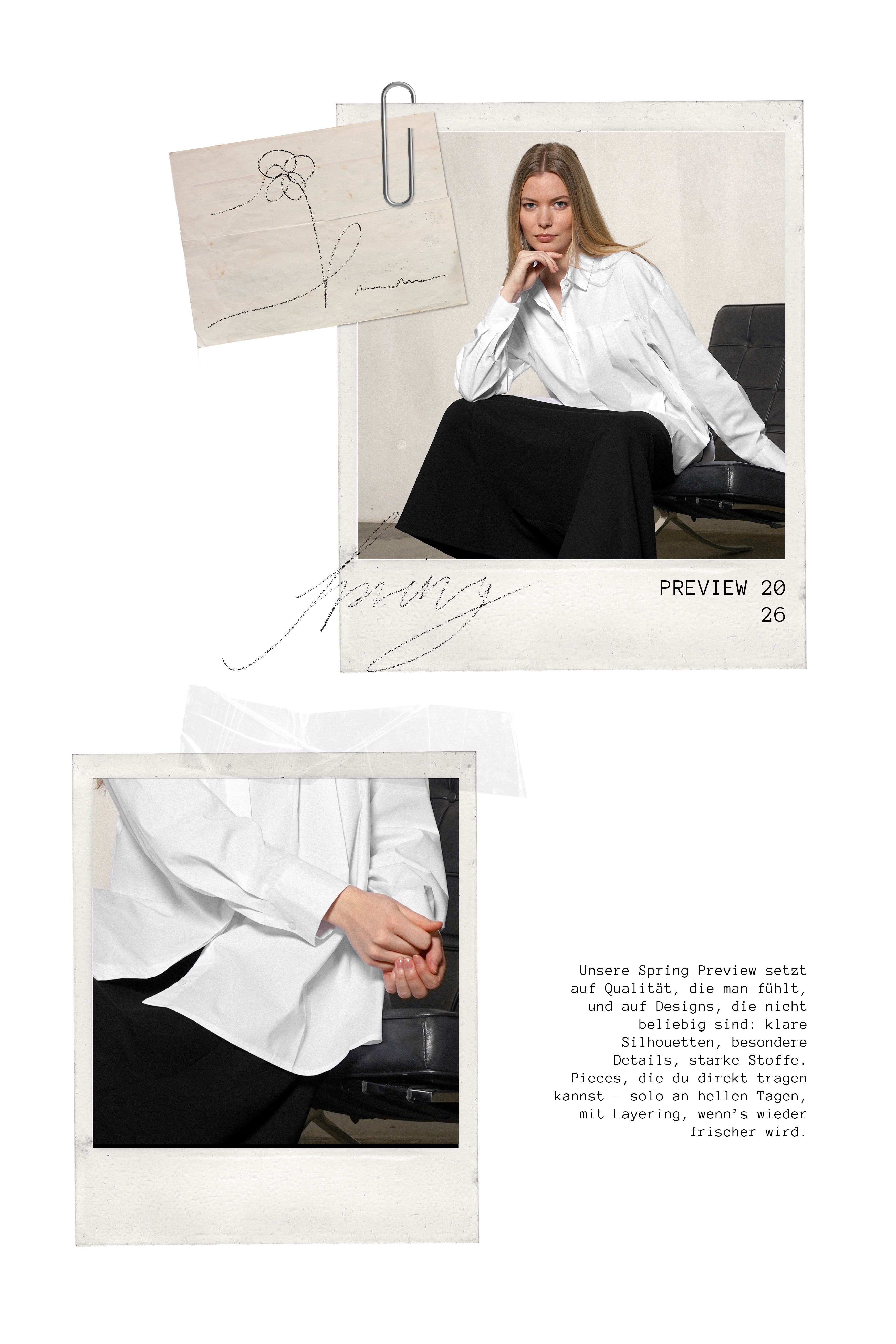 Collage im Polaroid-Stil: Model in weißer Bluse und schwarzem Rock sitzt auf schwarzem Sessel; Detailfoto von Händen und Blusenärmel, dazu Text zur Spring Preview 2026.