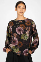 GRETA.K Bluse lightweight floral print blouse with round neck and balloon sleeves in black and autumn tones