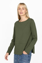 HAEIN Clean Jersey green longsleeve top with U-boat neckline and side slits