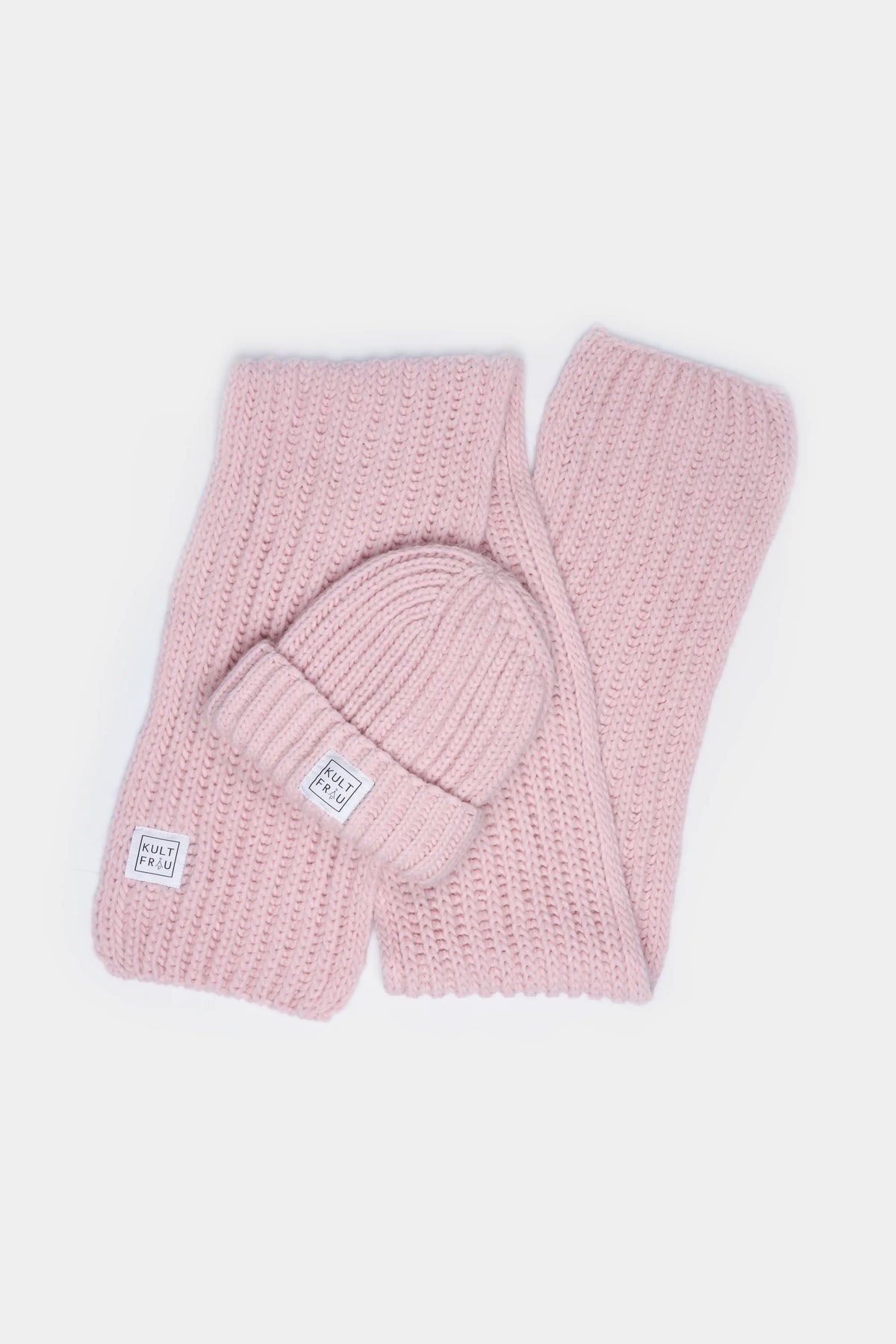 HATY Strickmütze grob gerippte rosa Wollmütze mit breitem Umschlag und Kultfrau-Logo