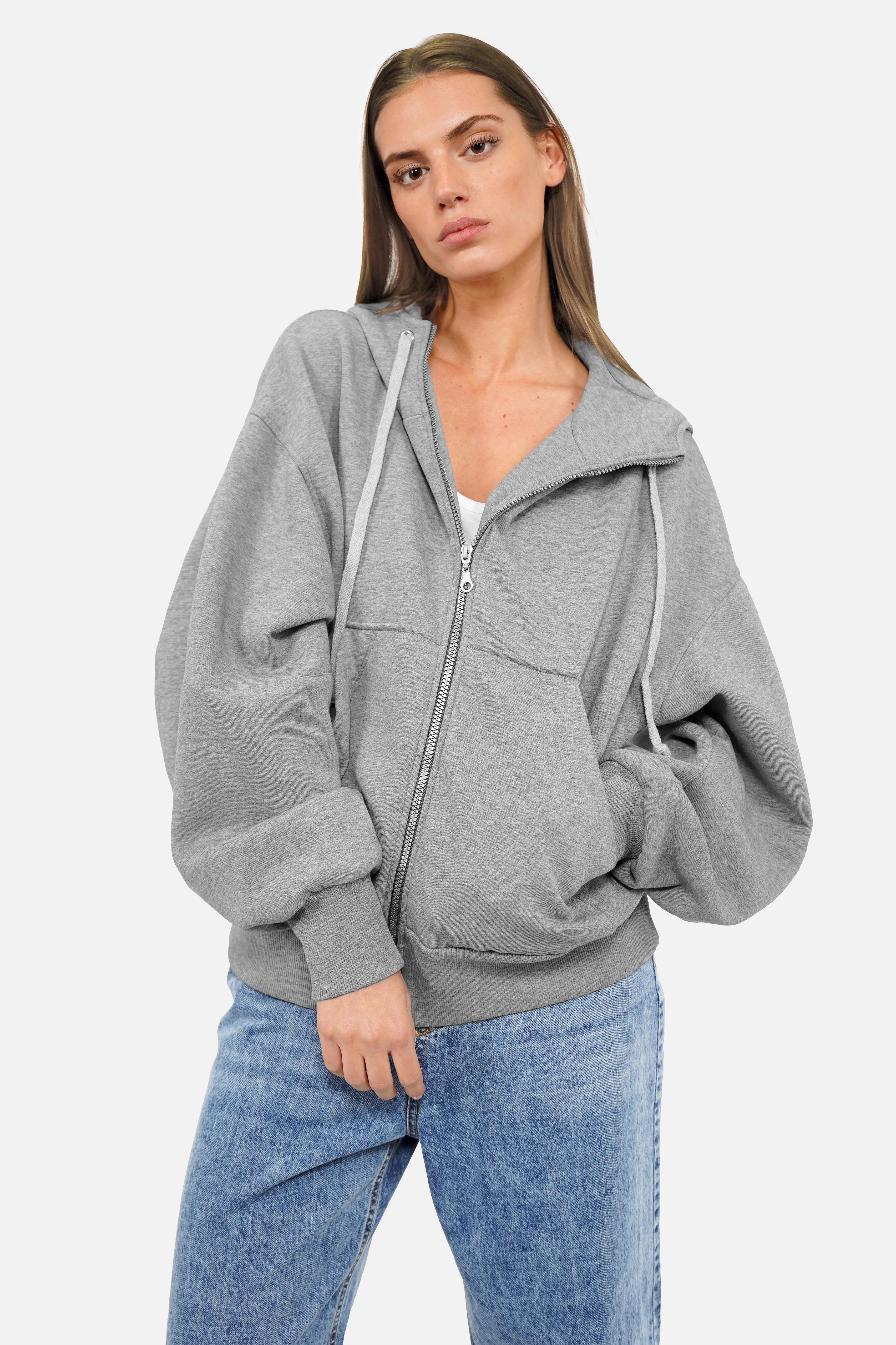 HEDIE Zip-Hoodie mit Kapuze, Reißverschluss, überschnittenen Schultern und voluminösen Ärmeln in relaxed Fit