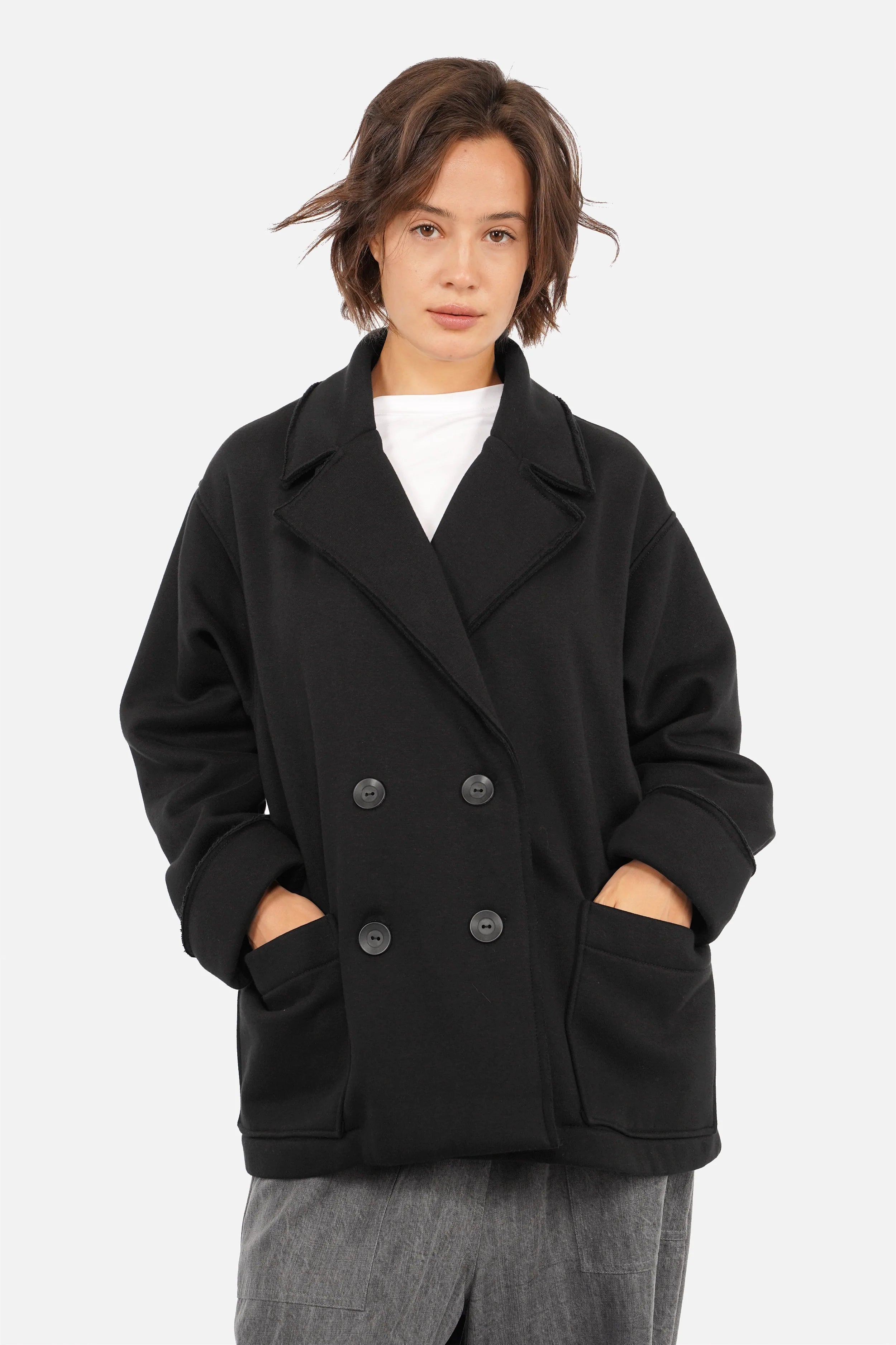 Oversized Sweat-Kurzmantel im Caban-Stil mit Reverskragen und großen Taschen