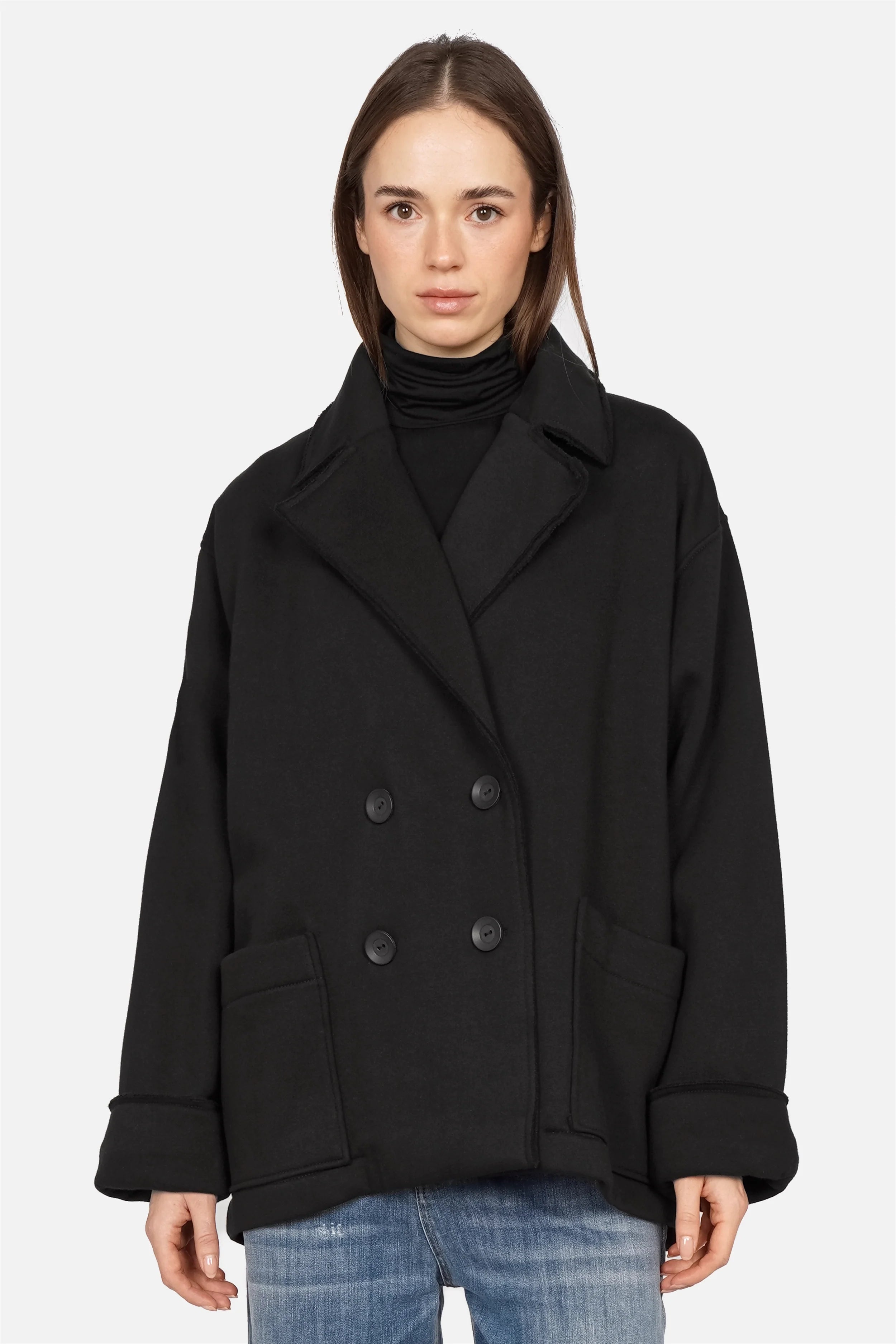 Oversized Sweat-Kurzmantel mit Reverskragen, Doppelknopfverschluss und aufgesetzten Taschen aus weichem Jersey mit gebürsteter Innenseite