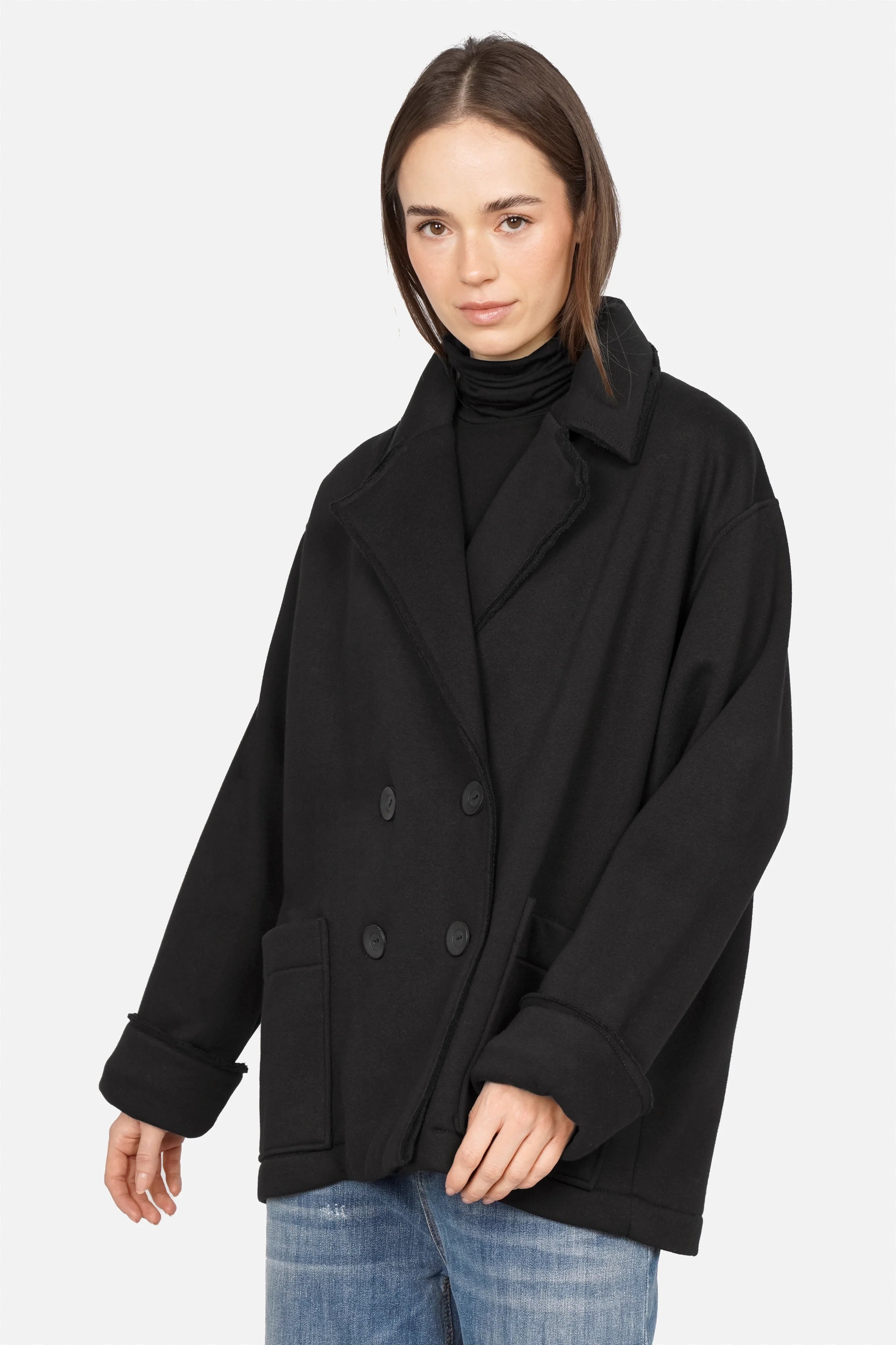 Oversized Sweat-Kurzmantel mit Reverskragen, Doppelknopf und großen Taschen aus gebürstetem Jersey