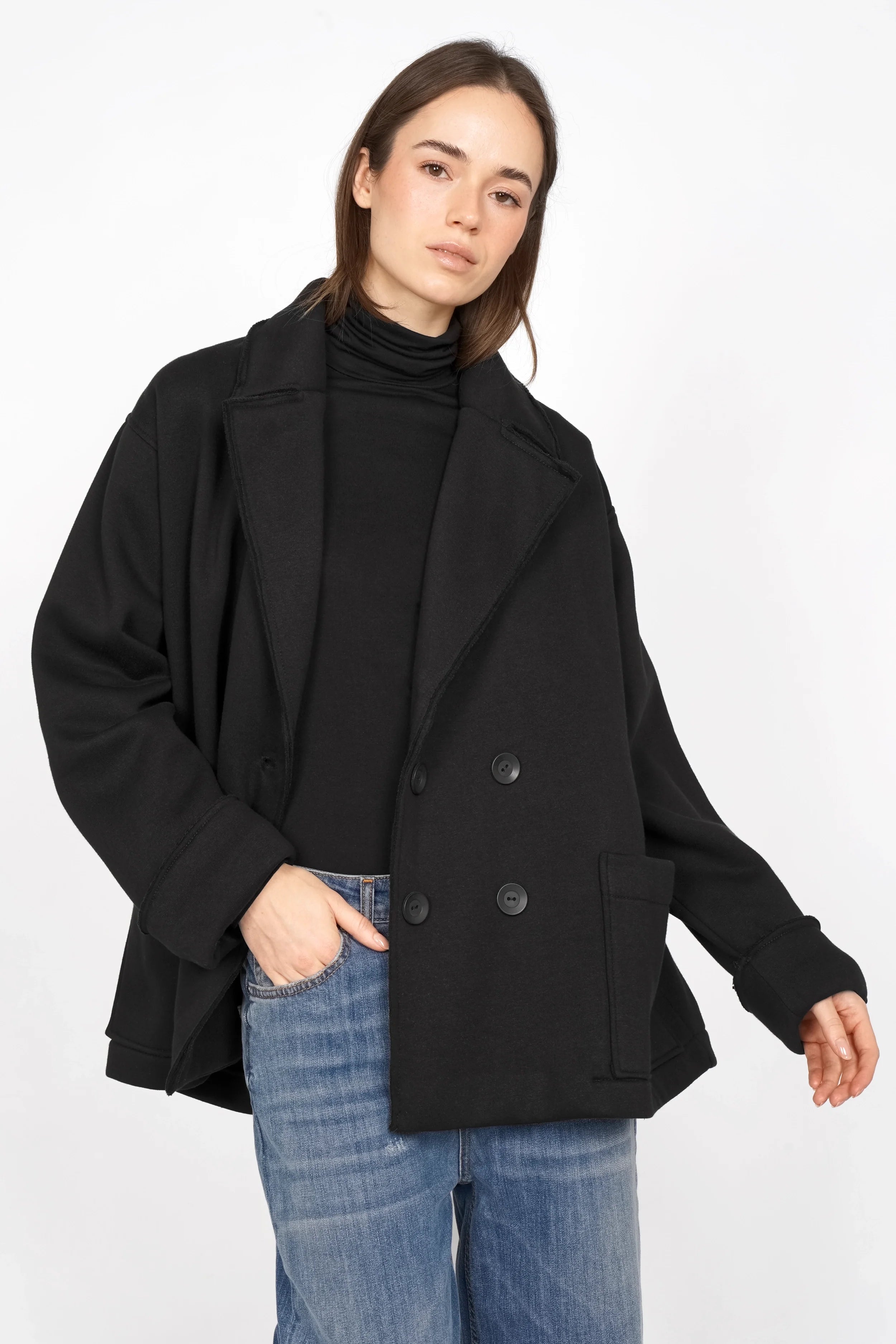 HELIEE Oversized Sweat-Kurzmantel mit Reverskragen und Doppelknopfverschluss in Schwarz
