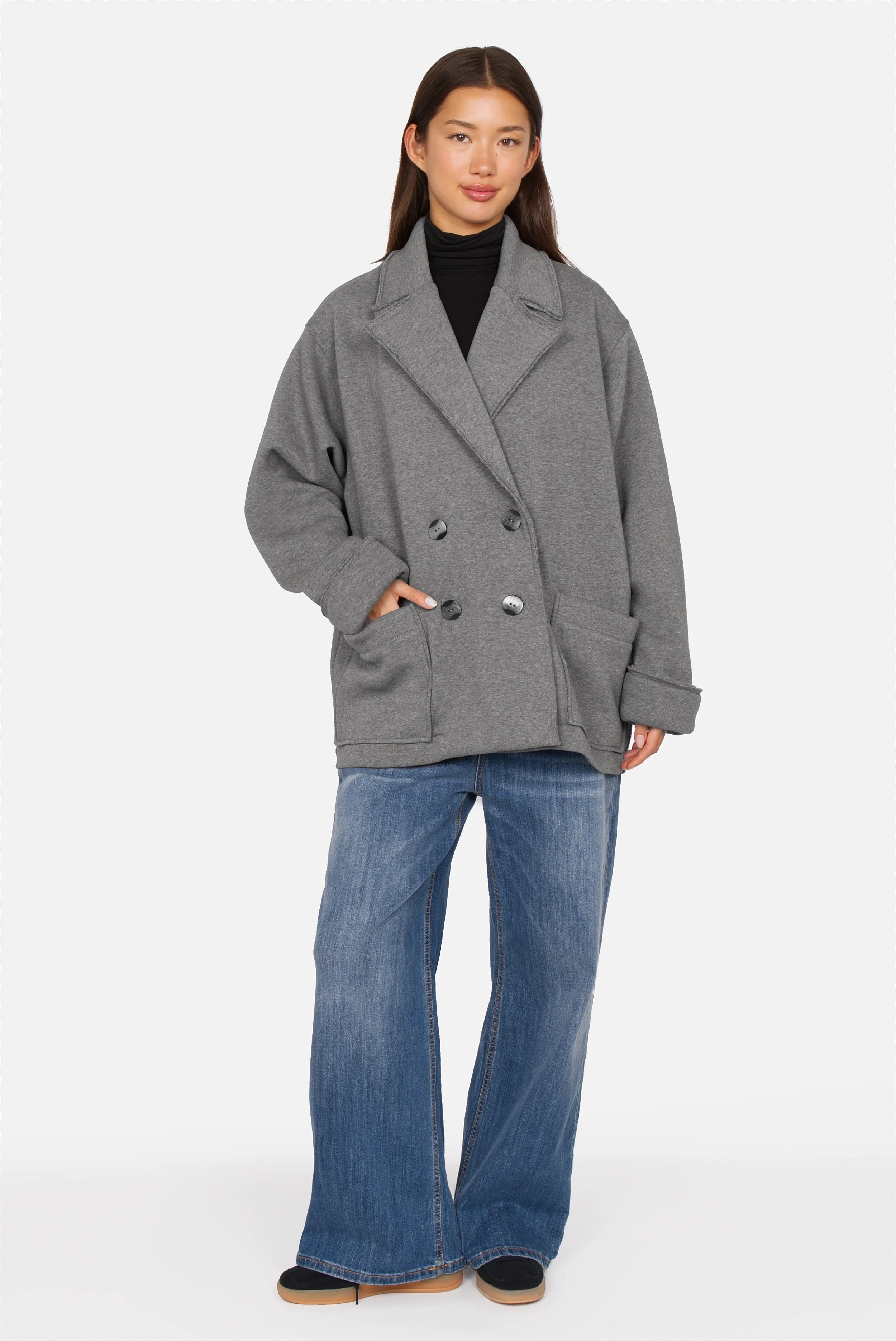 HELIEE Oversized Sweat-Kurzmantel mit Reverskragen, Doppelknöpfen und aufgesetzten Taschen aus weichem Jersey