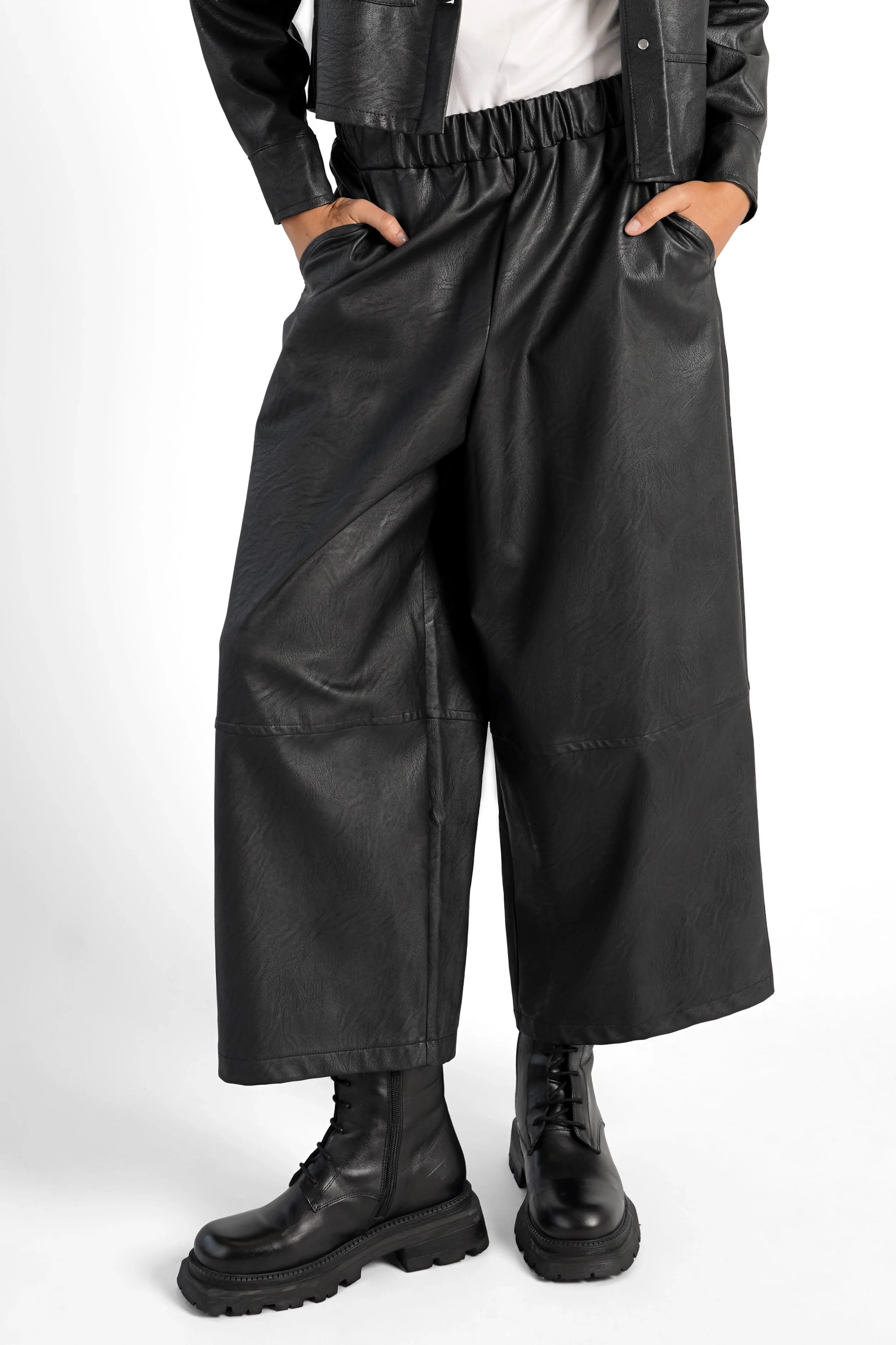 Black HERA Wide Leg Hose in soft eco-leather with elastic waistband and side pockets