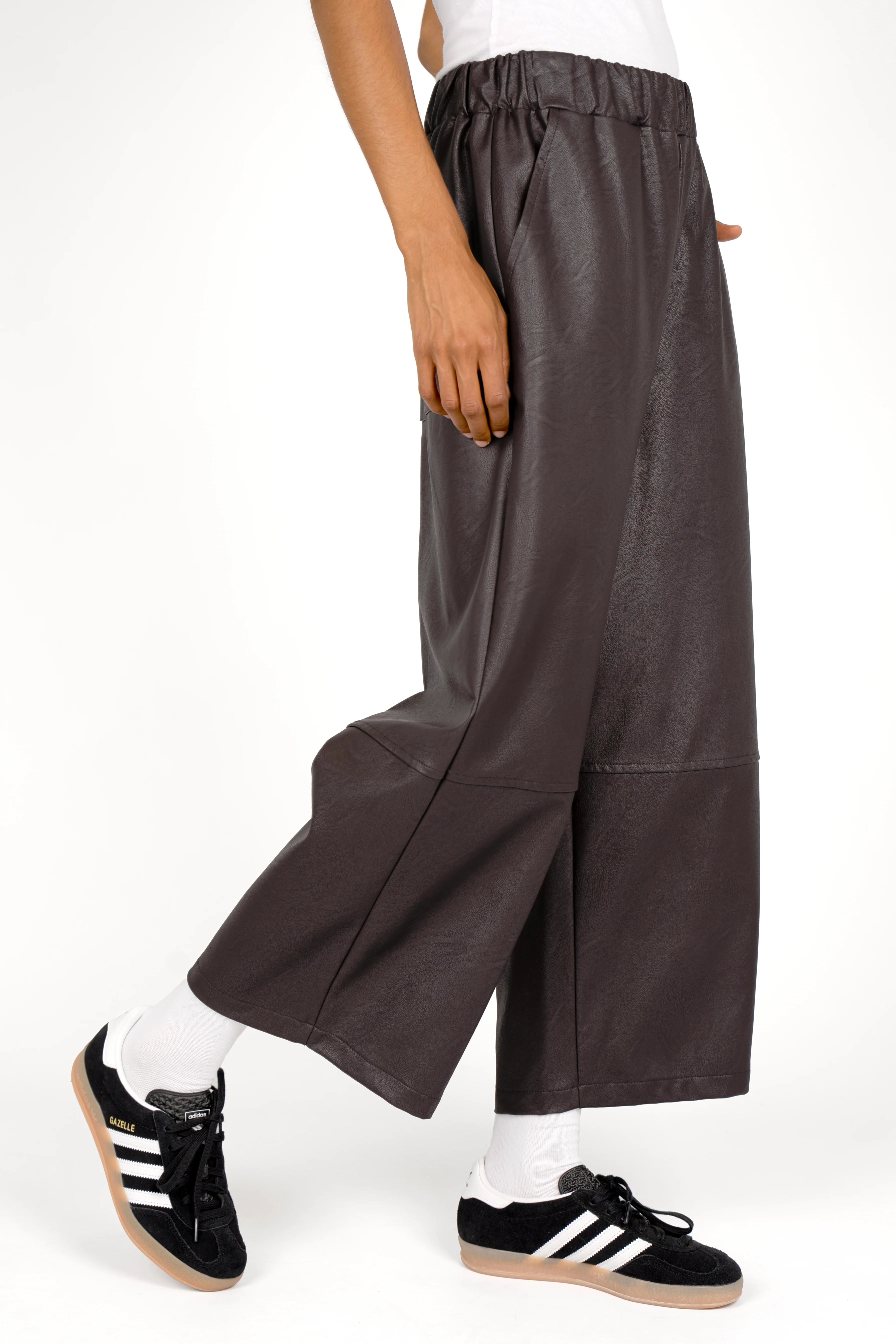 Black HERA Wide Leg Hose in soft eco-leather with elastic waistband and side pockets