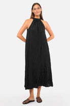 ILEIA Crinkle Neckholder-Kleid fließendes Ärmelloses Midi-Kleid mit Seitentaschen und A-Linie