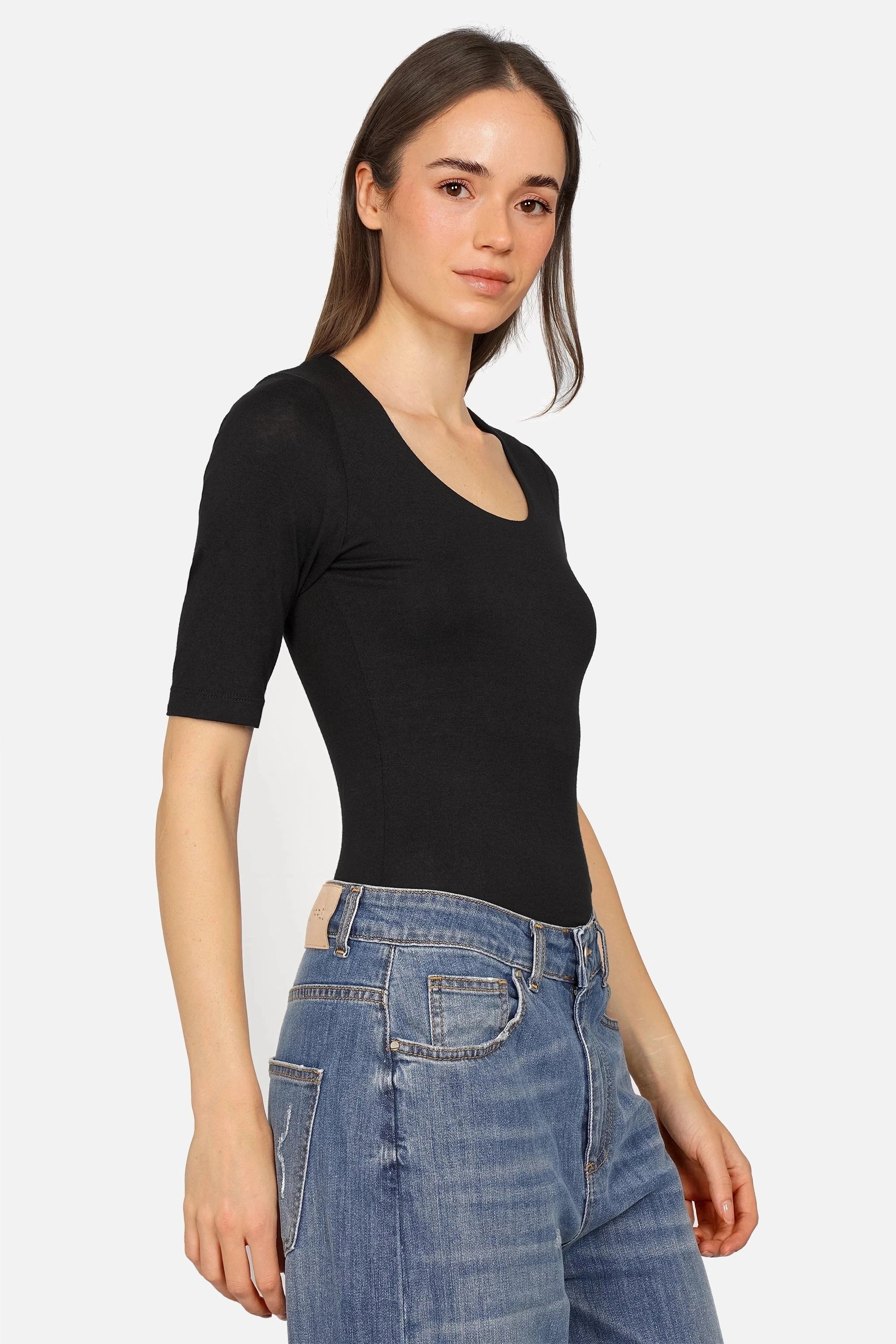 JALYN Shirt Damen Jerseyshirt mit U-Boot Ausschnitt und halblangen Ärmeln in Slim Fit