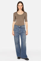 JALYN Shirt Damen Jerseyshirt mit U-Boot Ausschnitt und halblangen Ärmeln slim fit aus weicher Viskose