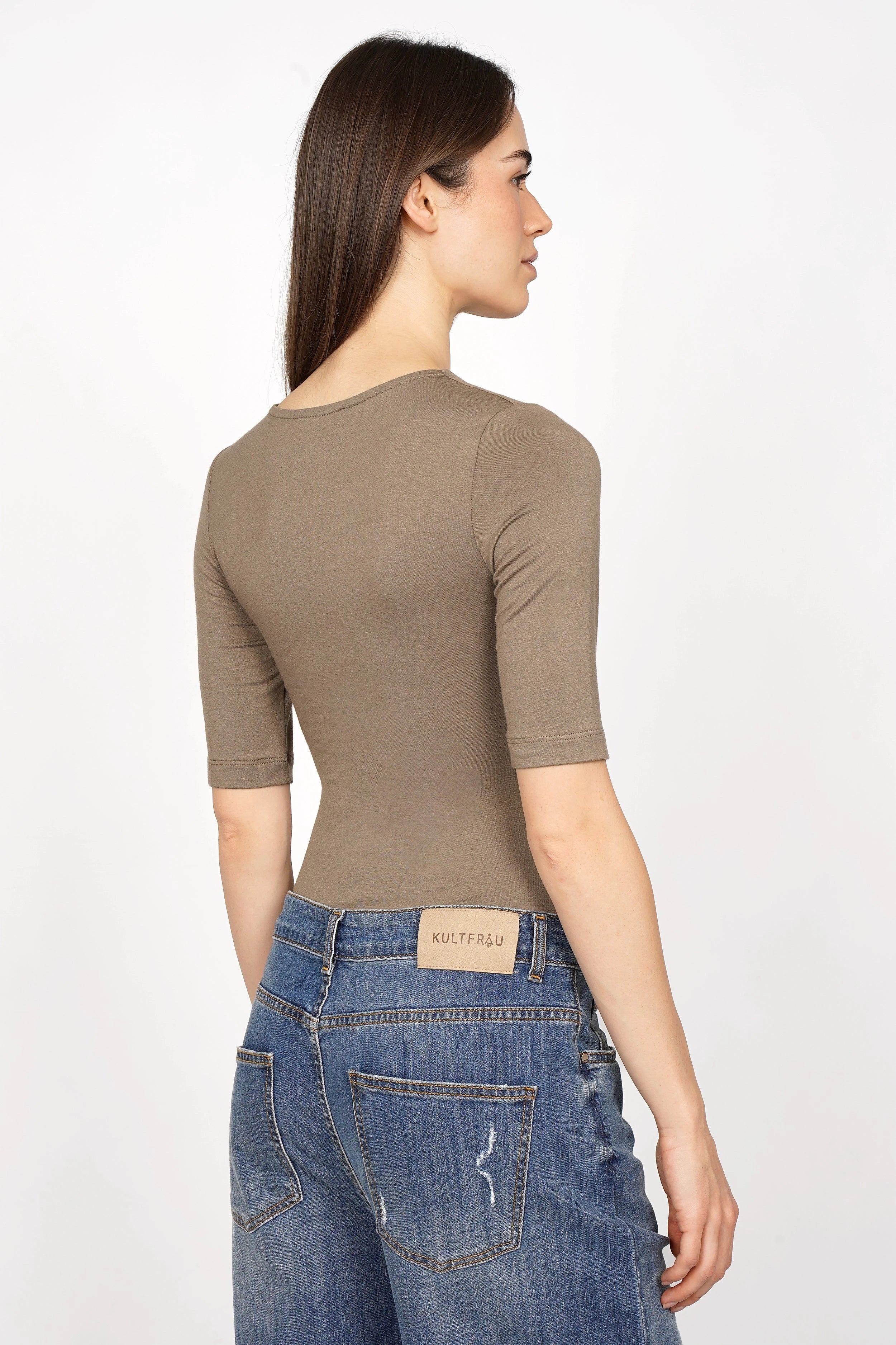JALYN Shirt Damen Slim Fit Jerseyshirt mit halblangen Ärmeln und U-Boot Ausschnitt in Braun