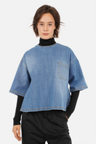 JANTE Denim Bluse leichte Used-Waschung Rundhalsausschnitt ellbogenlange Ärmel Brusttasche Relaxed Fit