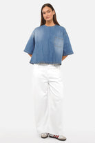 JANTE Denim Bluse leichte italienische Jeansbluse mit Rundhalsausschnitt und Brusttasche