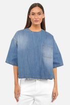 JANTE Denim Bluse leichte italienische Denimbluse mit Brusttasche und Knopfverschluss hinten