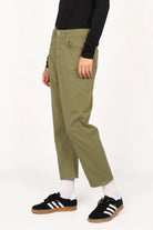 Relaxed fit olive green baggy jeans with a slightly cropped length and five pockets.