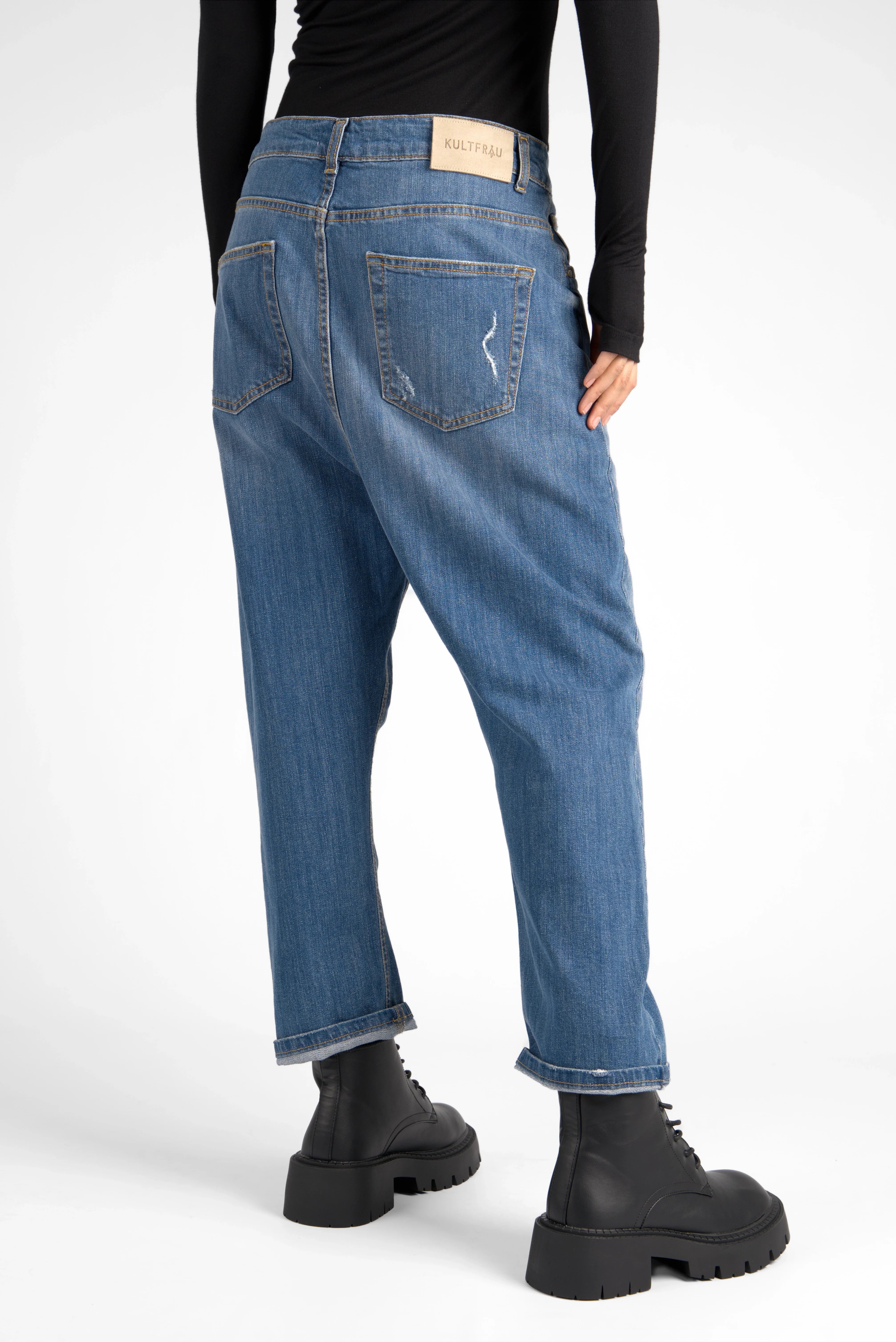 Jeany Baggy Jeans Damen in destroyed Waschung mit lockerer Passform und ockerfarbenen Kontrastnähten, Made in Italy