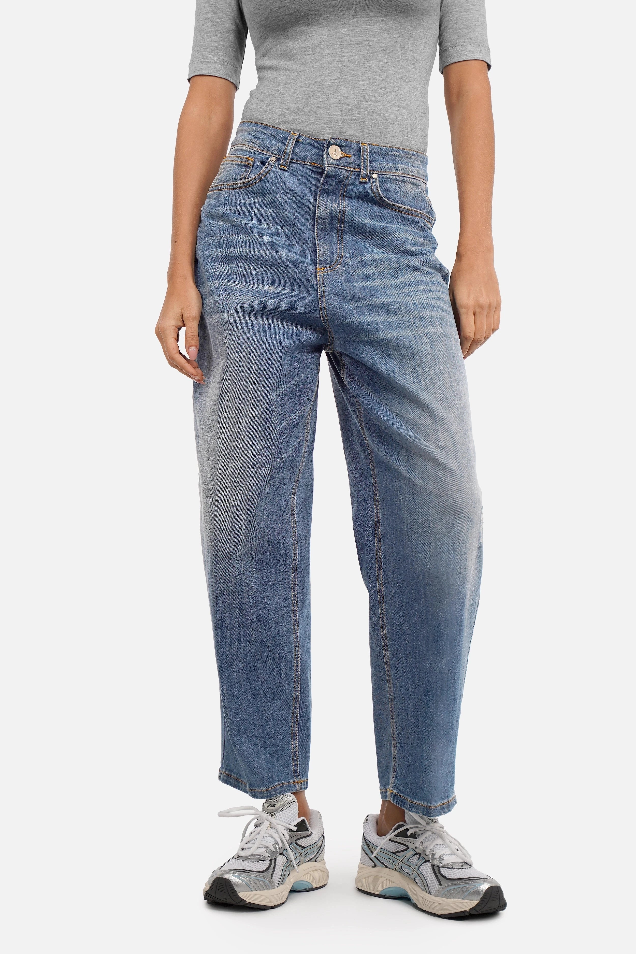 Loose-Fit Jeans in Urban Blue mit weitem Bein und hoher Taille aus leichtem, weichem Denim