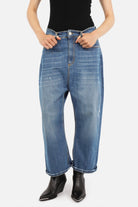 Mittelblaue JENYA Baggy Jeans mit Destroyed-Waschung und relaxed Fit
