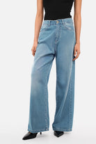 JORYA wide leg jeans in light denim with faded mid-blue wash, high waist, and 5-pocket design