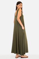 JOVRA Jersey Maxikleid fließend A-Linie Maxi Kleid mit tiefem Rundhals- und Rückenausschnitt