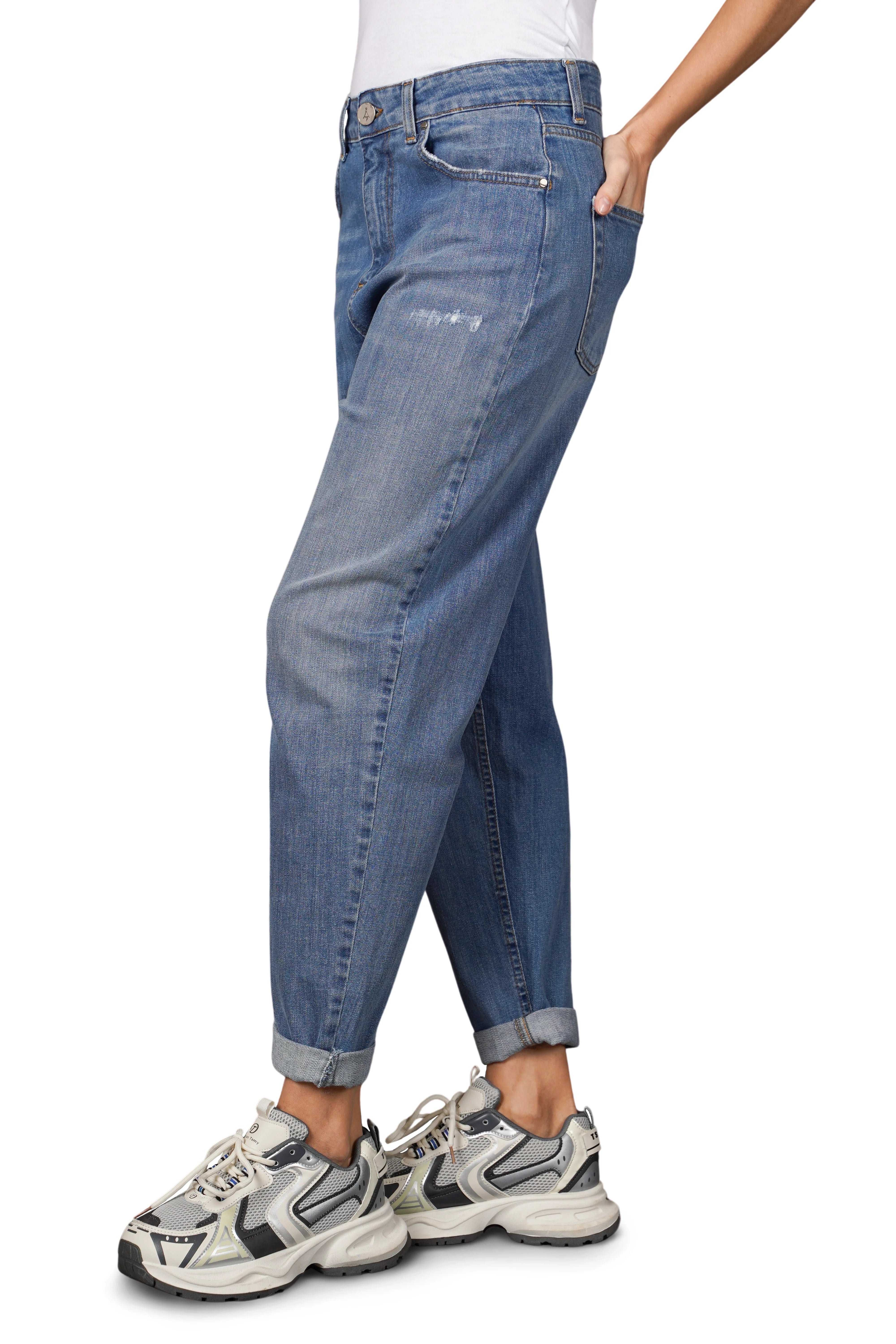 KEYSSI Carrot-Jeans mittelblaue Carrotfit Jeans aus Denim-Stretch mit Destroyed-Details und lässigem Schnitt
