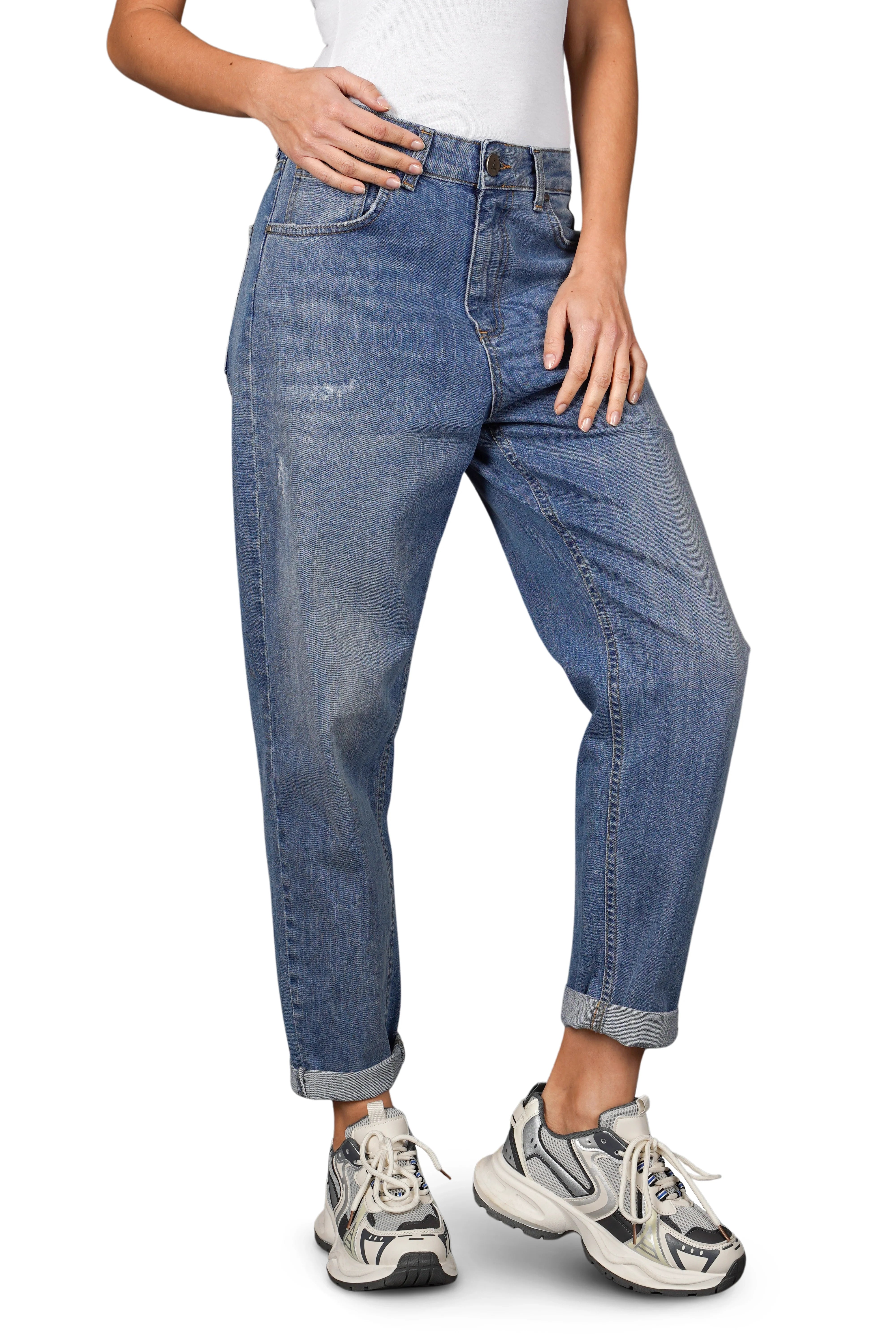 KEYSSI Carrot-Jeans aus mittelkräftigem Denim-Stretch mit Destroyed-Details und schmal zulaufenden Beinen in Mom Fit Passform