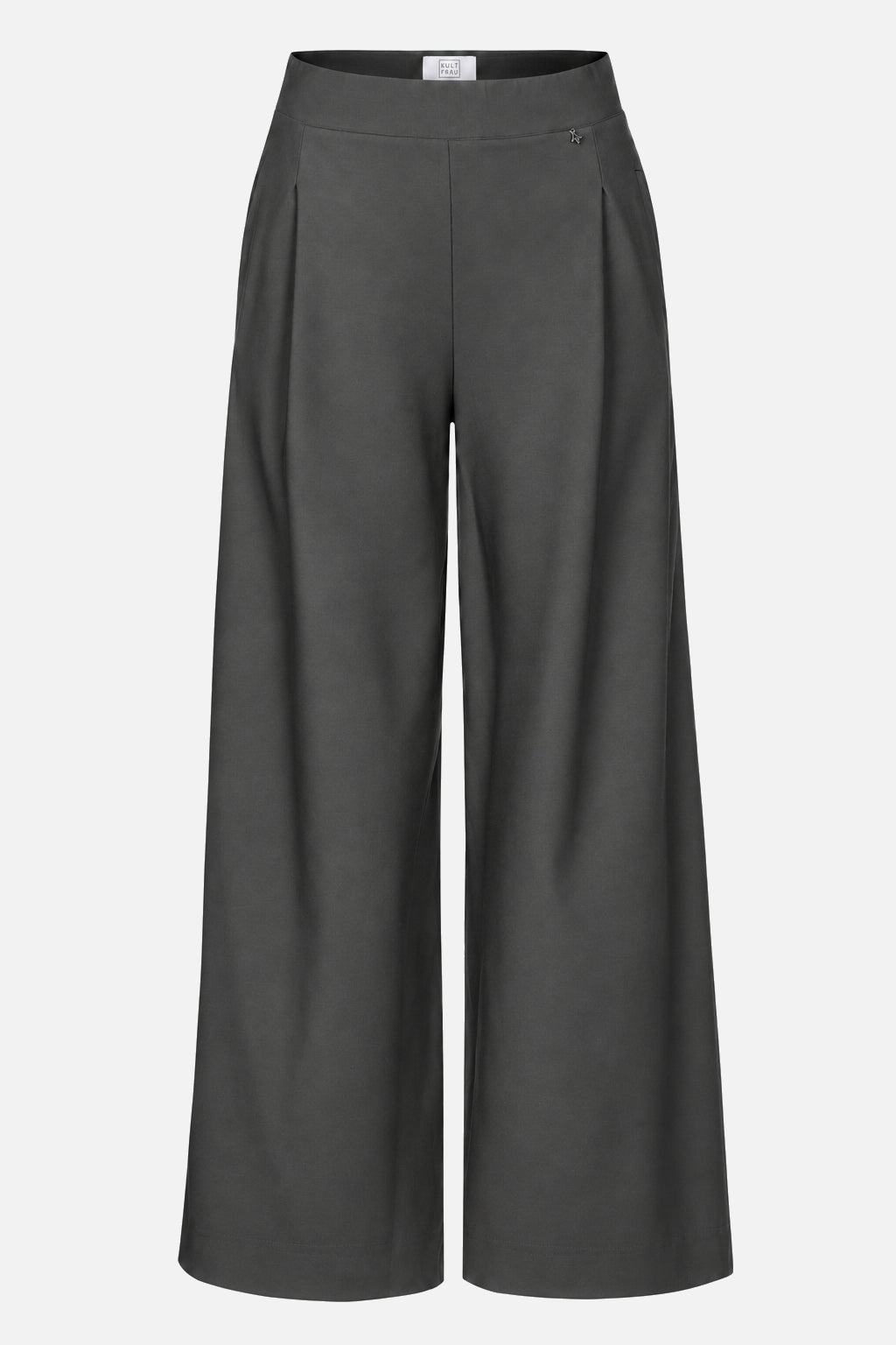 KLARA.K Wide Leg Jerseyhose Magnet Grey mit Bundfalten und kleinem Logo-Anhänger - Freisteller