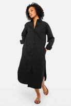 LARJE Popeline Hemdblusenkleid Baumwollpopeline Midi Kleid mit Hemdkragen und Knopfleiste