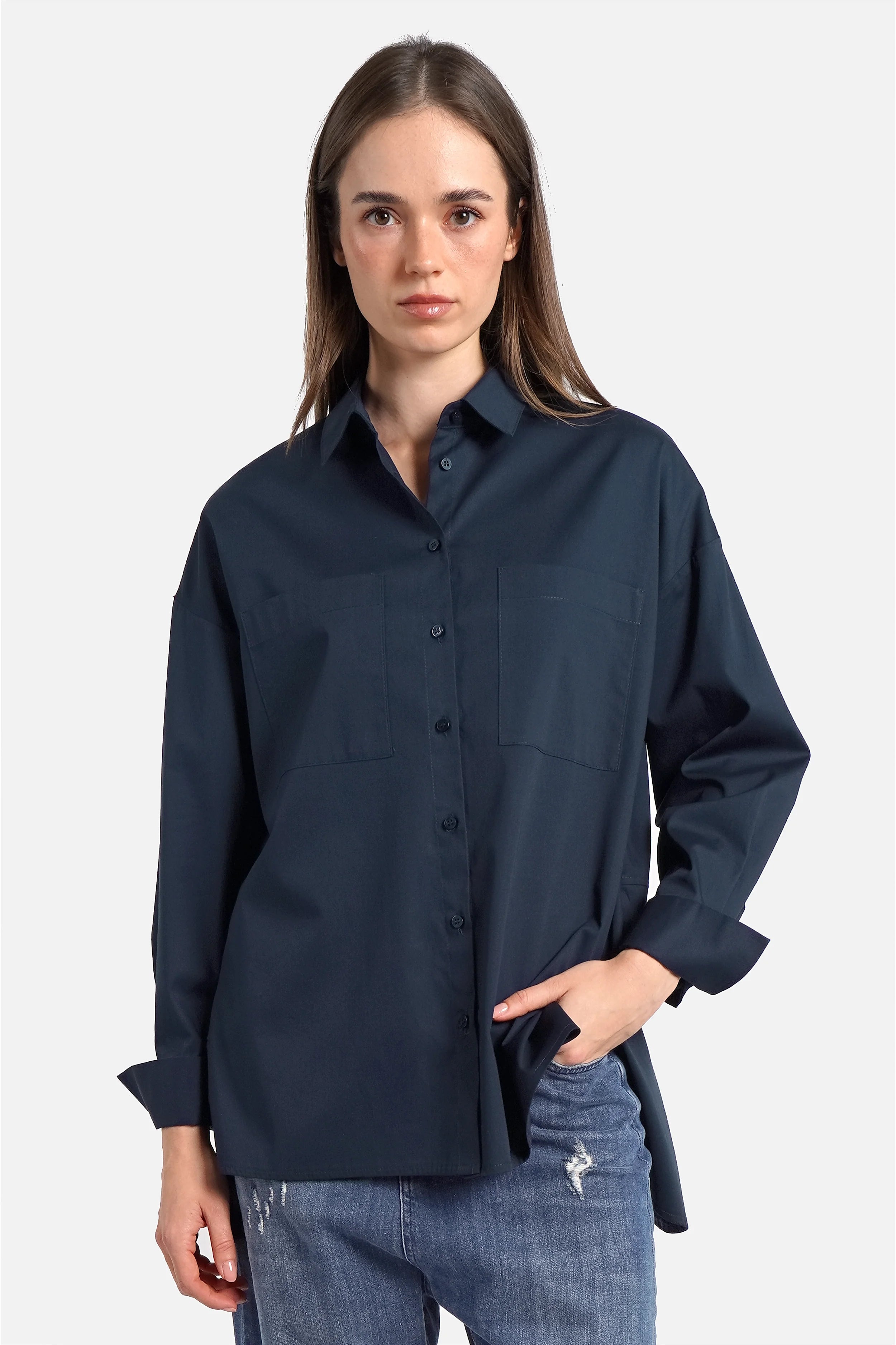 LEA.K Loose Fit Bluse aus Baumwollpopeline mit Hemdkragen und aufgesetzten Brusttaschen
