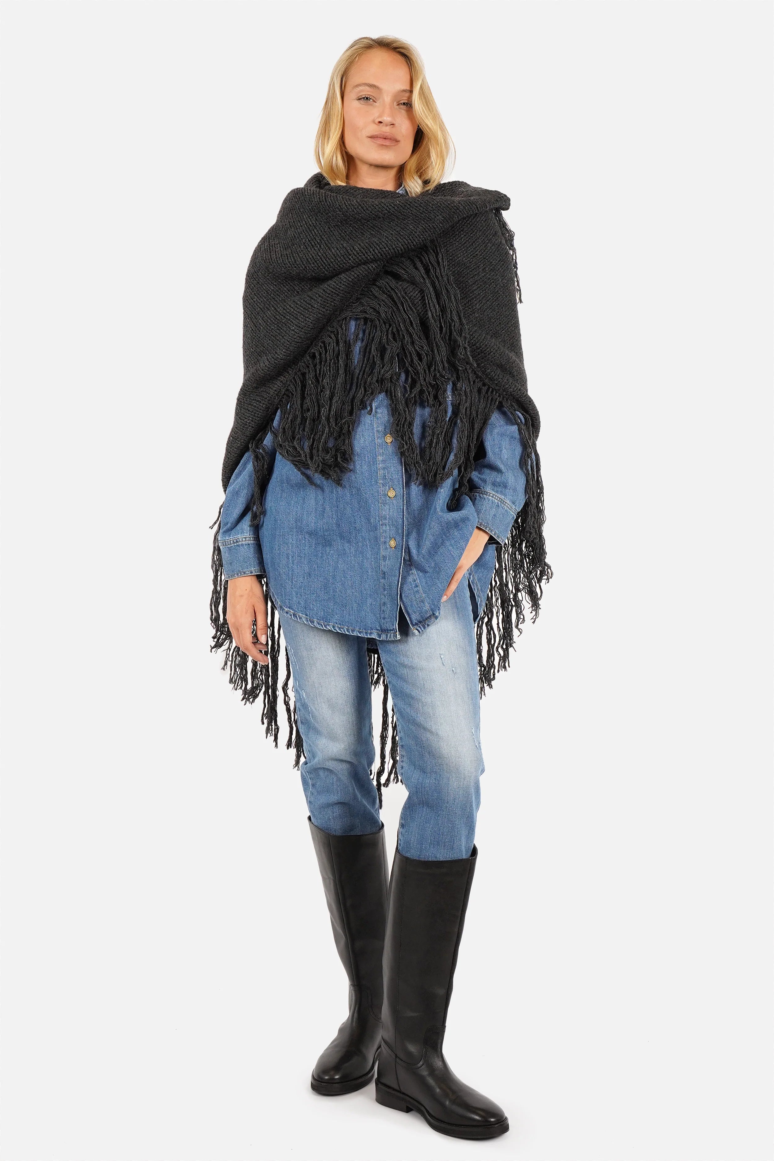 LEDANI Oversized Strick-Dreieckstuch mit Fransen in grob gestrickter Qualität und Ajourdetails