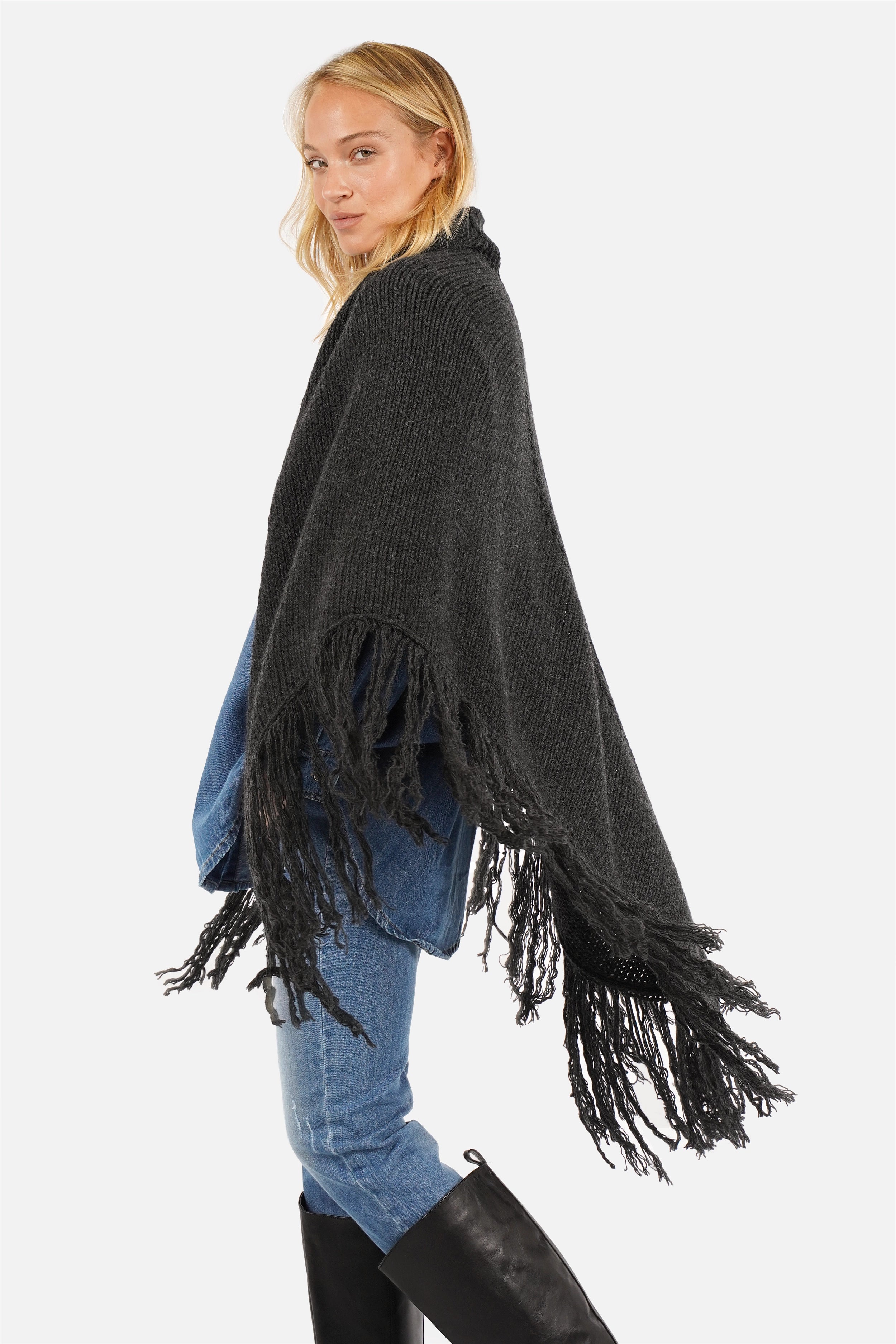 LEDANI Oversized Strick-Dreieckstuch mit Fransen
