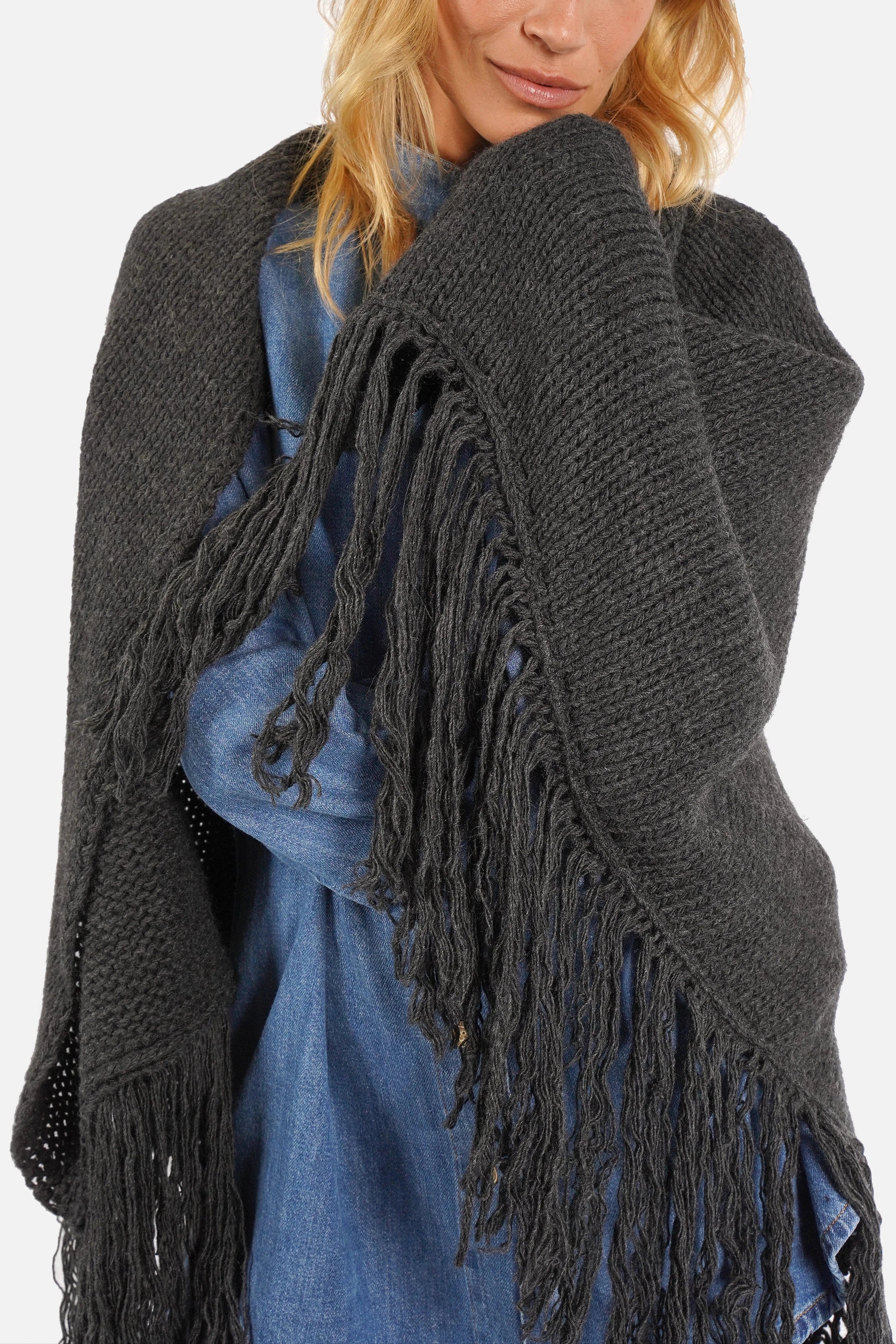 LEDANI Oversized Strick-Dreieckstuch mit Fransen