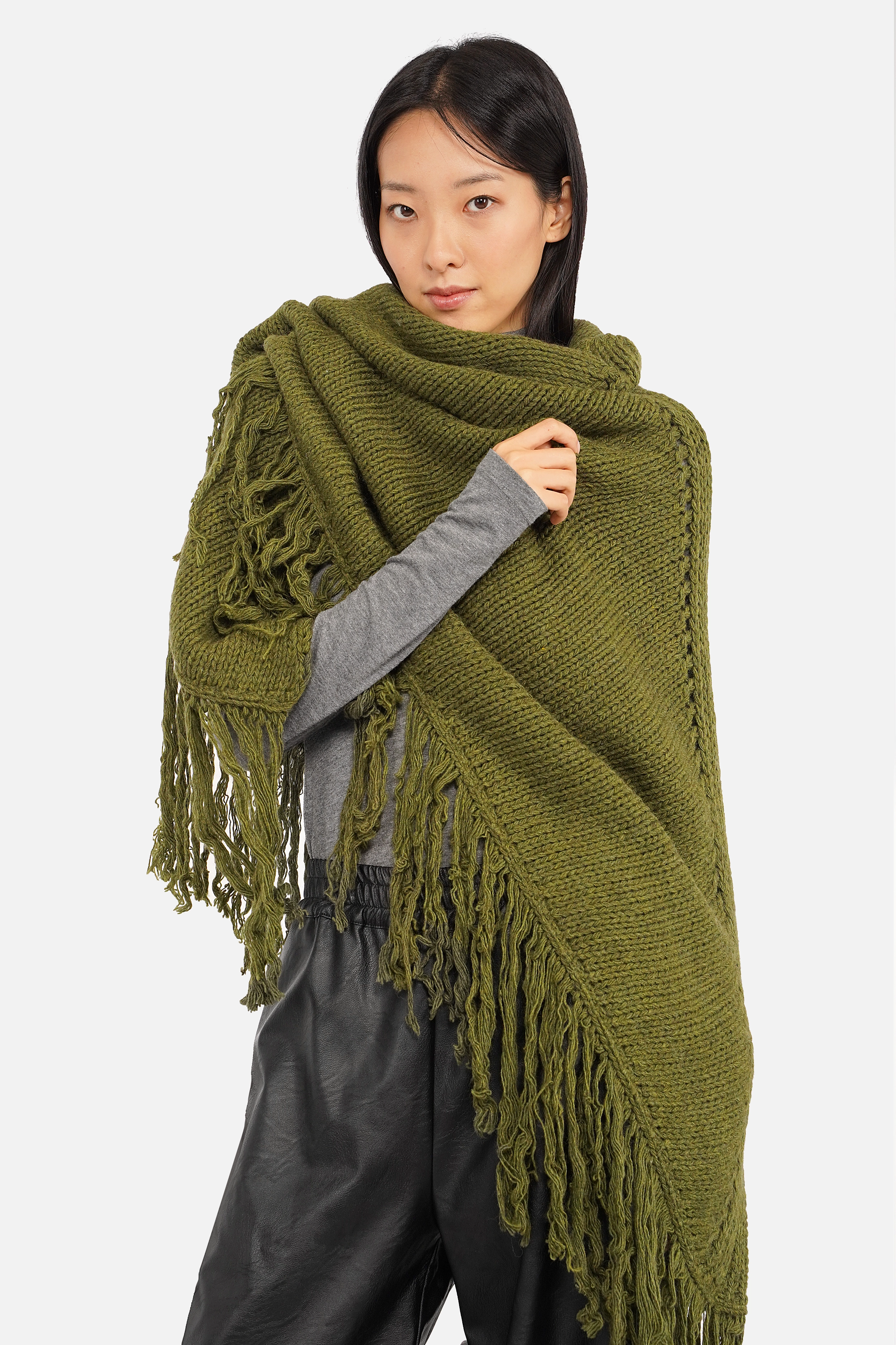 LEDANI Oversized Strick-Dreieckstuch mit Fransen