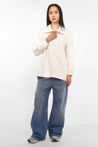 Damen Troyer-Oversize Sweater mit halbem Zip, Stehkragen und Raglanärmeln in Cremeweiß
