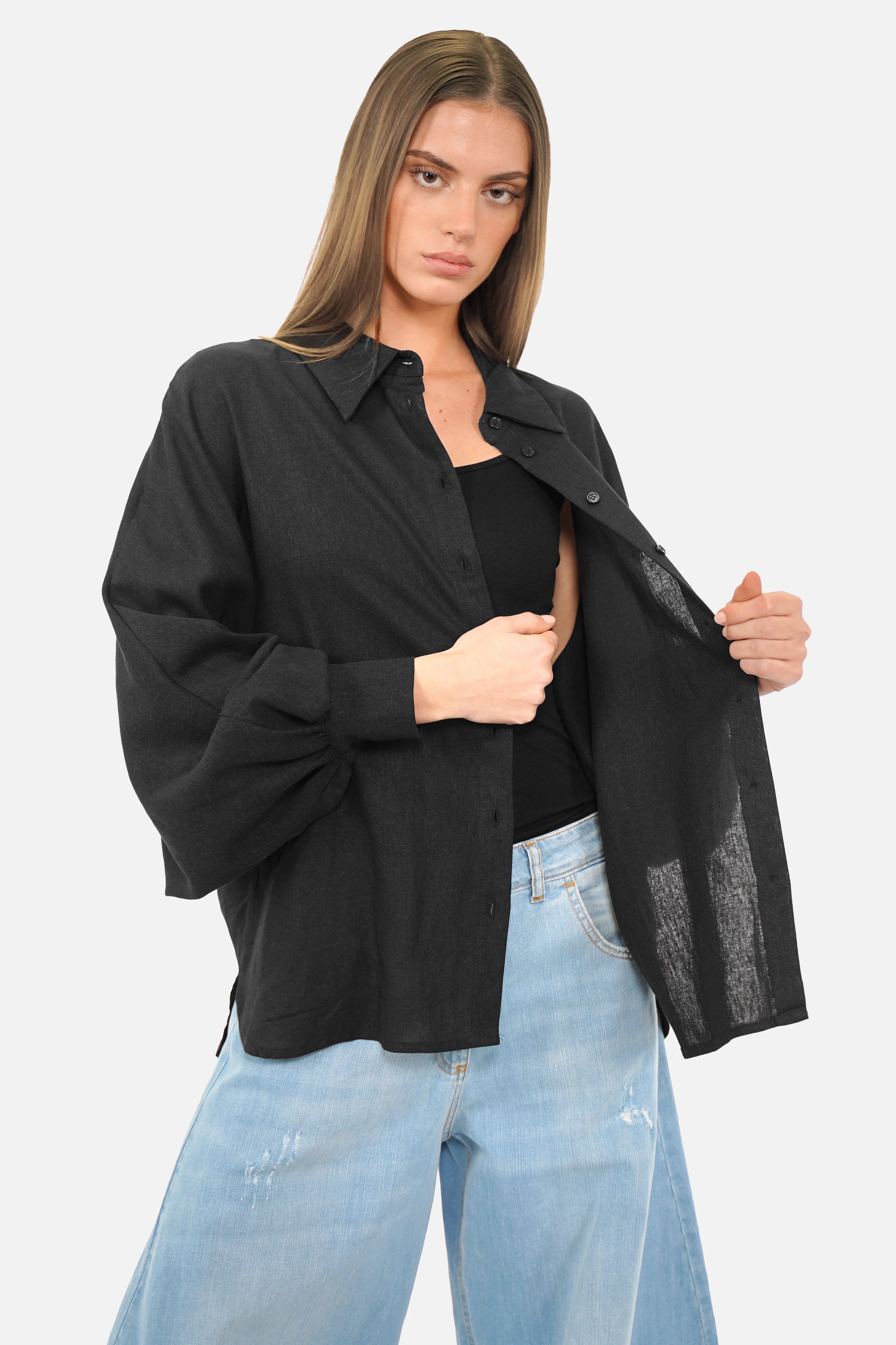 LILLU Oversized Leinenbluse aus Leinen-Viskose mit Hemdkragen, Knopfleiste und Fledermausärmeln