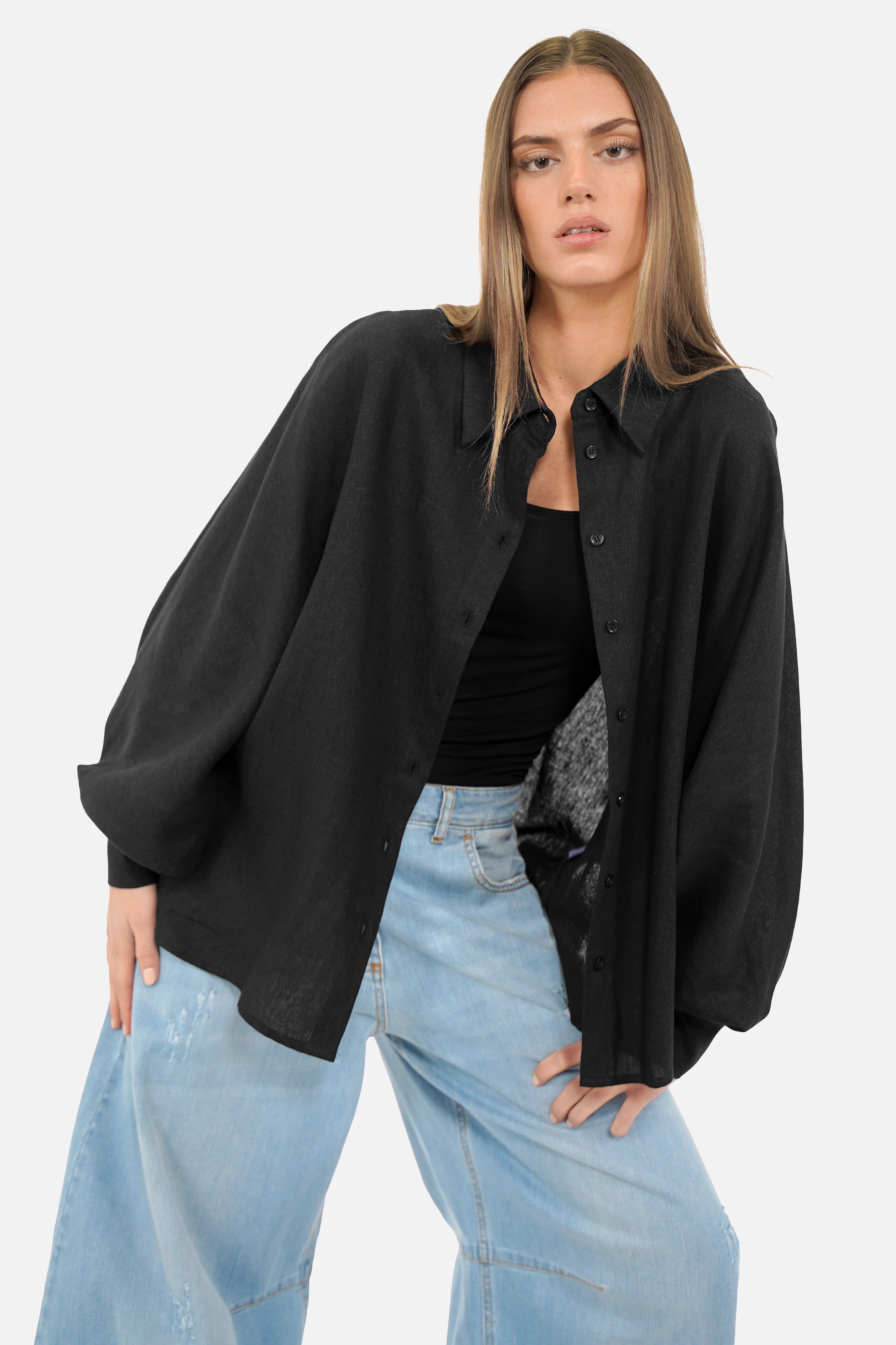 LILLU Oversized Leinenbluse aus zartem Leinen-Viskose-Mix mit Hemdkragen und Fledermausärmeln