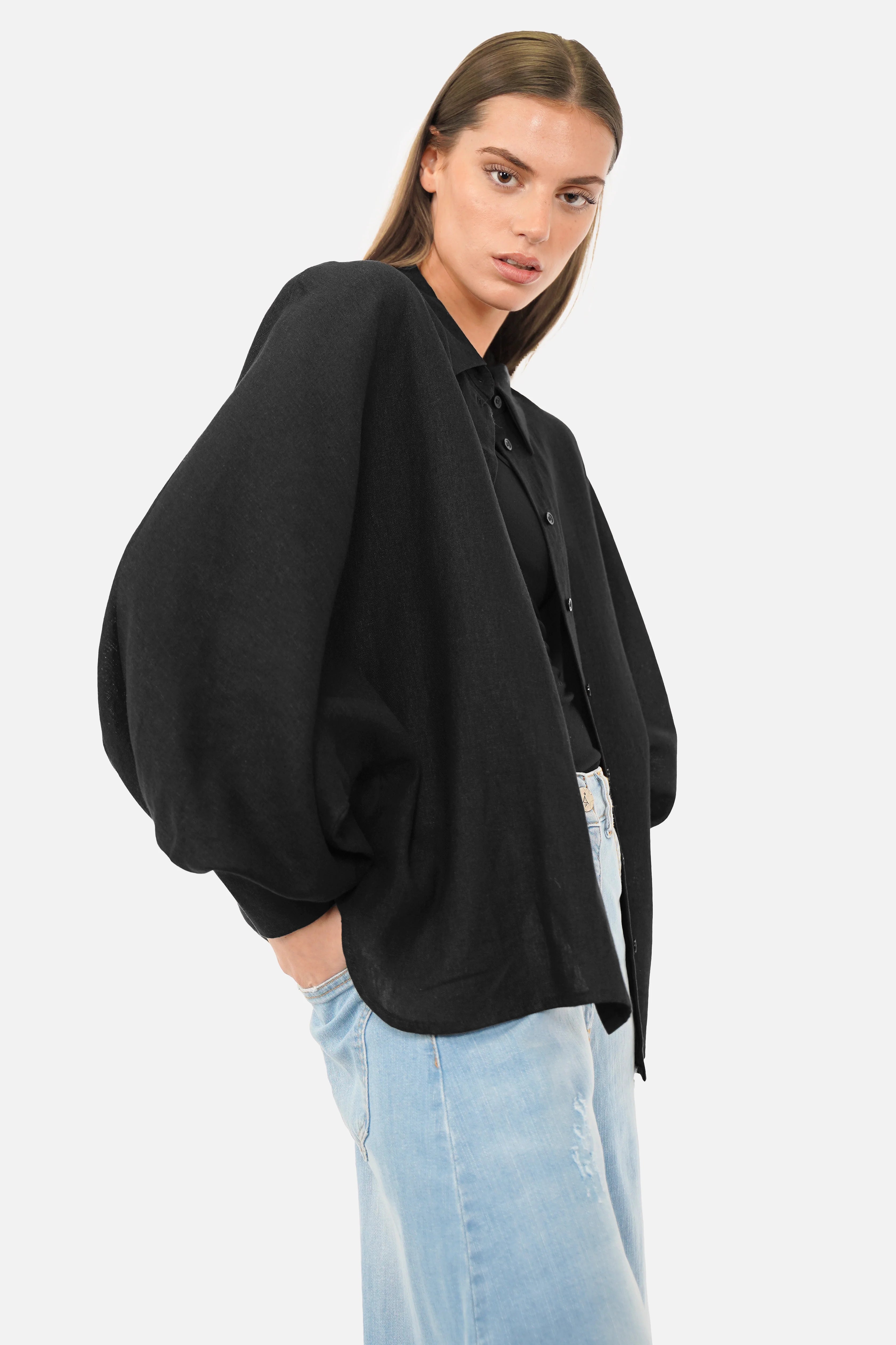LILLU Oversized Leinenbluse aus Leinen-Viskose-Mix mit Hemdkragen und Fledermausärmeln
