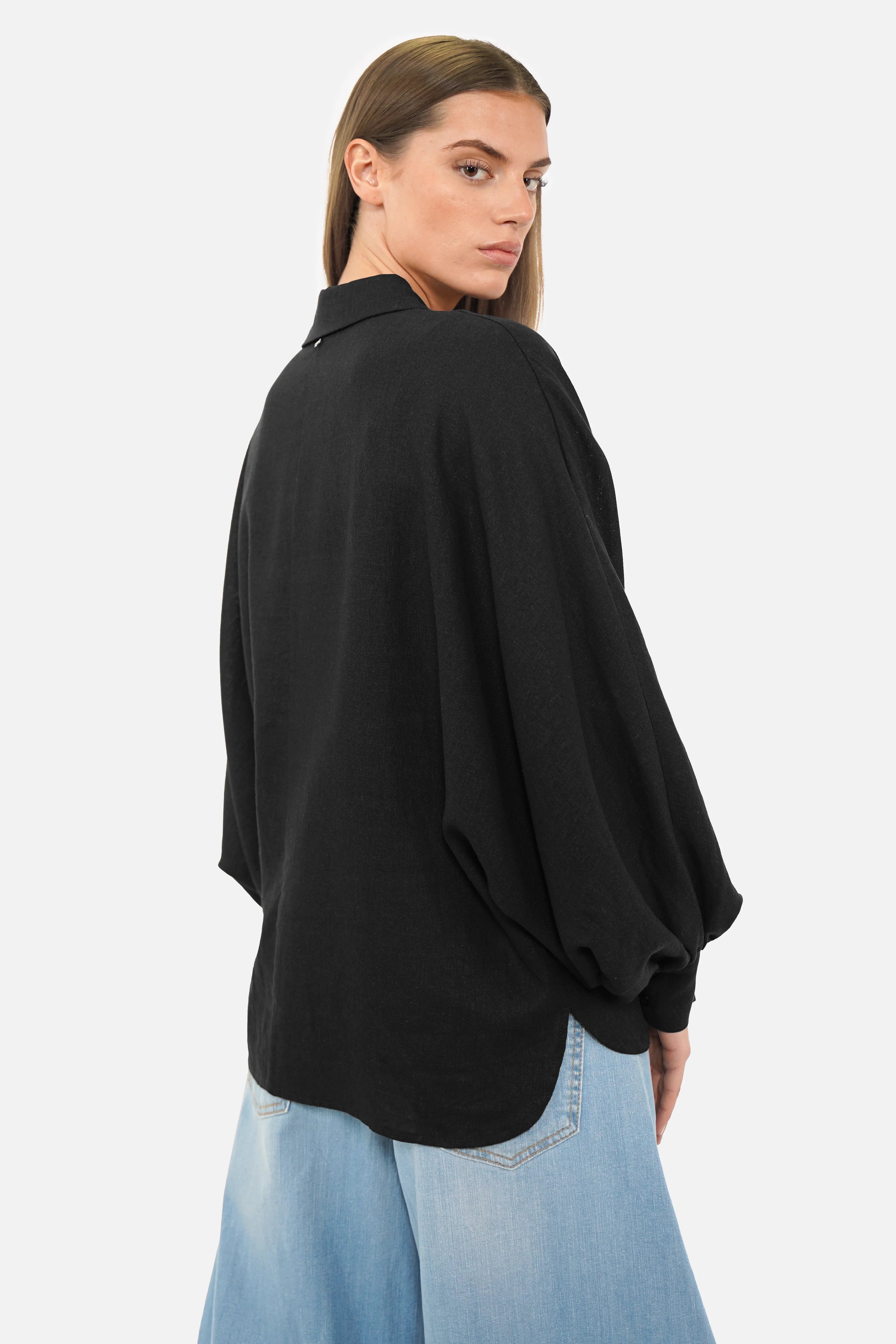 LILLU Oversized Leinenbluse aus Leinen-Viskose-Mix mit Hemdkragen und Fledermausärmeln