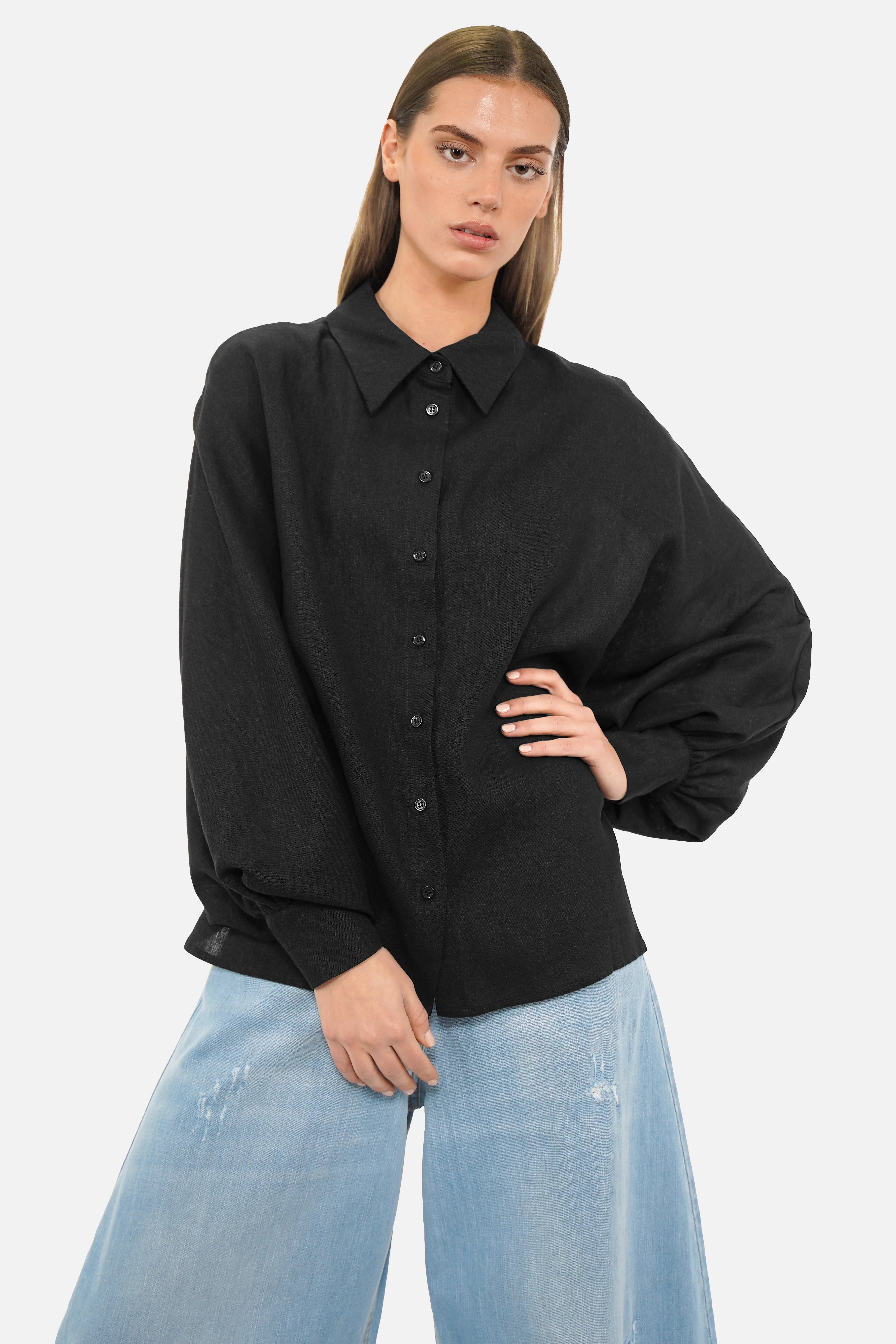 LILLU Oversized Leinenbluse aus Leinen-Viskose-Mix mit Hemdkragen und Fledermausärmeln