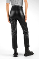 Back view of LIMGARD Flared Eco-Lederhose black cropped flared eco-leather pants with high waist and elastic waistband